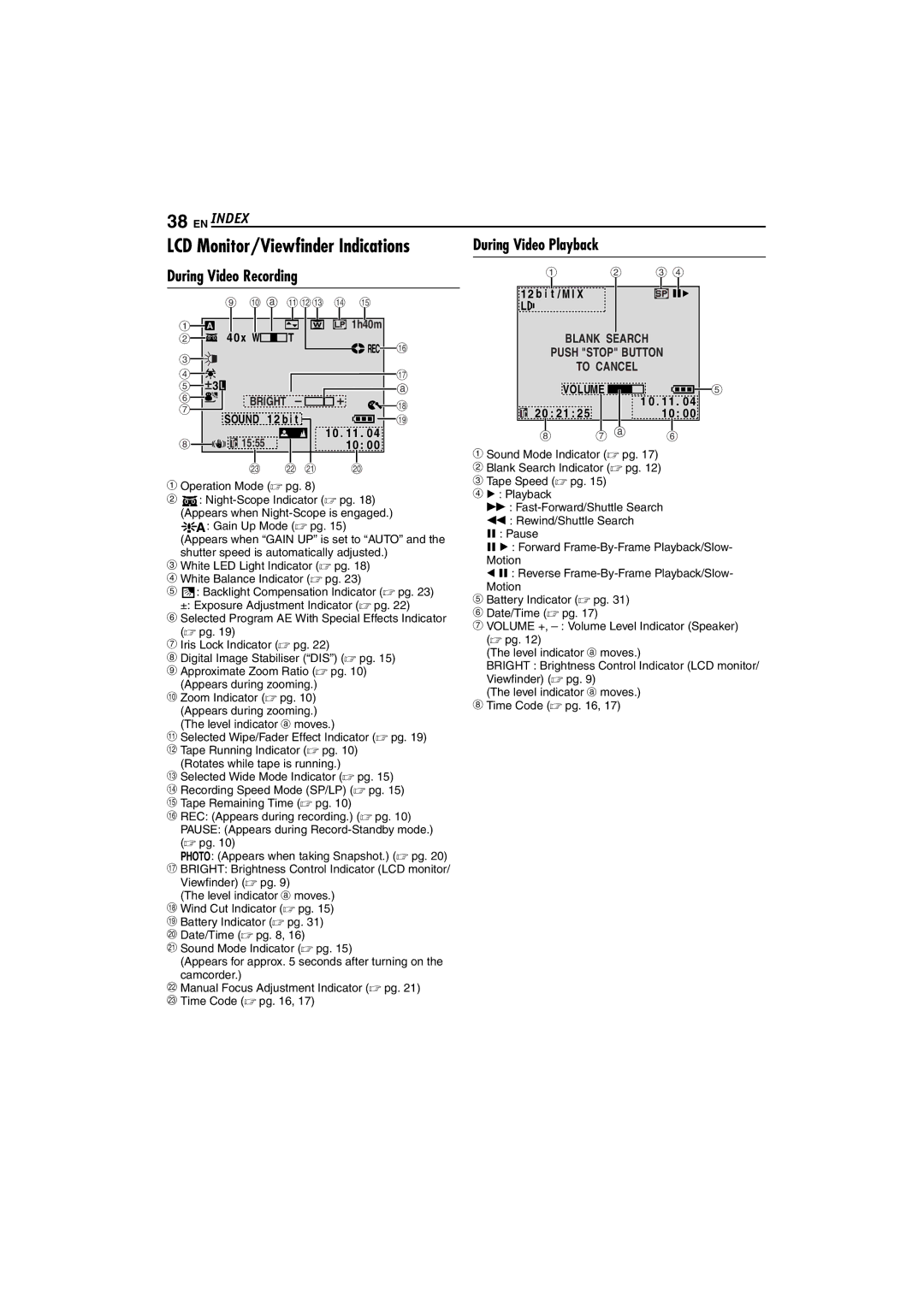 JVC GR-D225 manual Index, During Video Recording, I t / M I 40 x W 1h40m, 20 21 1555 