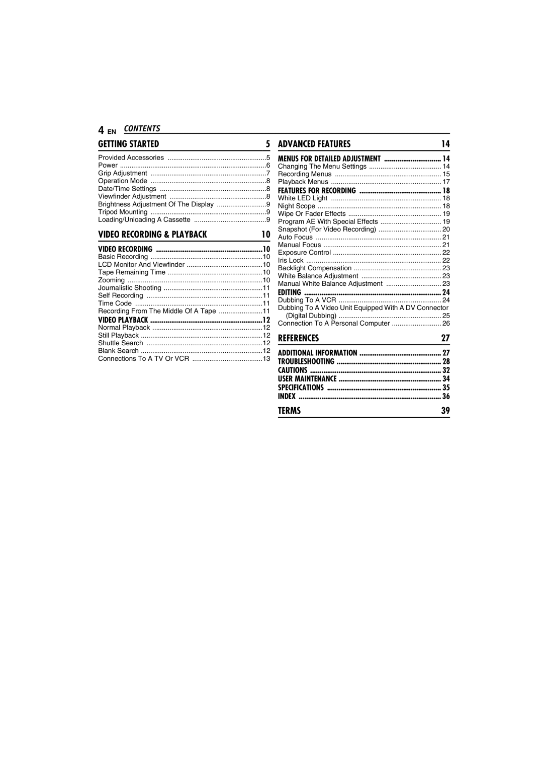 JVC GR-D225 manual EN Contents Getting Started Advanced Features 