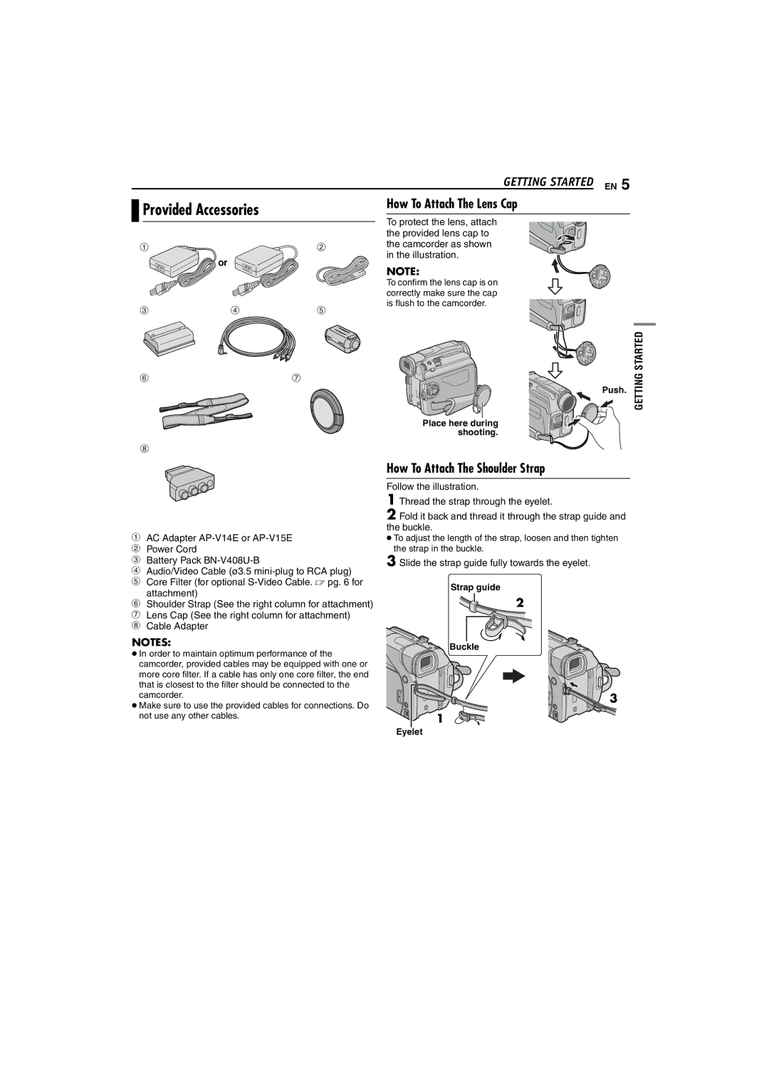 JVC GR-D225 manual Provided Accessories, Getting Started EN, How To Attach The Shoulder Strap 