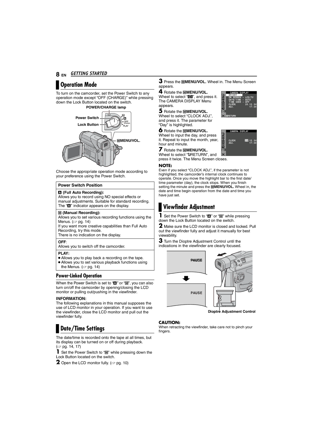 JVC GR-D225 manual Operation Mode, Date/Time Settings, Power-Linked Operation, Full Auto Recording, Manual Recording 