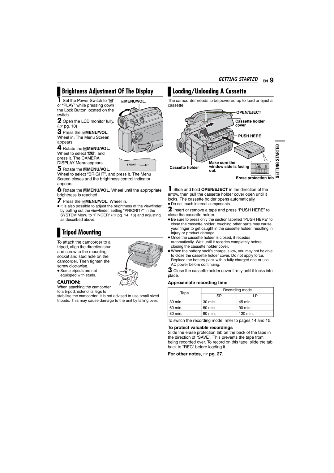 JVC GR-D225 manual Loading/Unloading a Cassette, Tripod Mounting, Brightness Adjustment Of The Display 