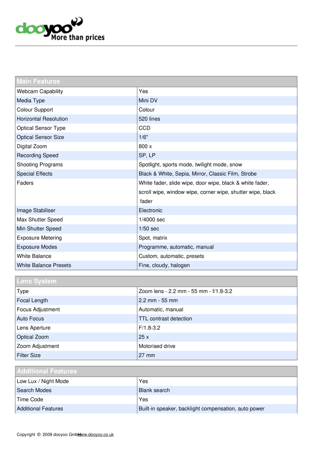 JVC GR D239 manual Main Features, Lens System, Additional Features, Ccd, Sp, Lp 