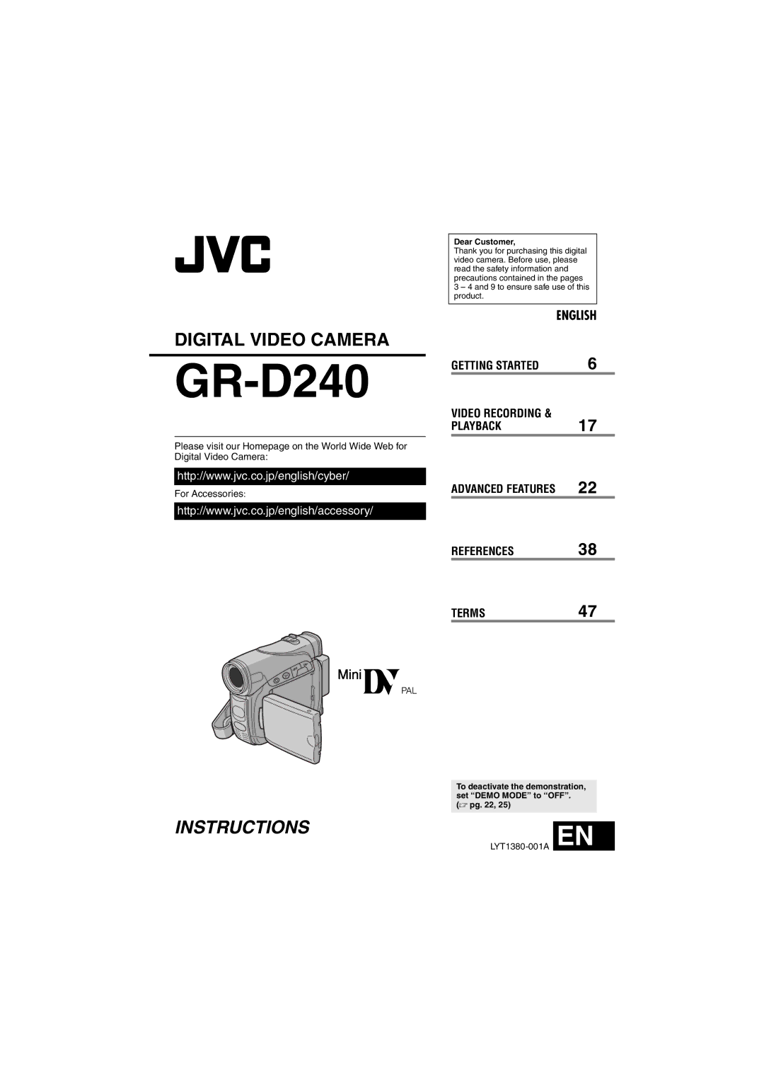 JVC GR-D240 manual Dear Customer 