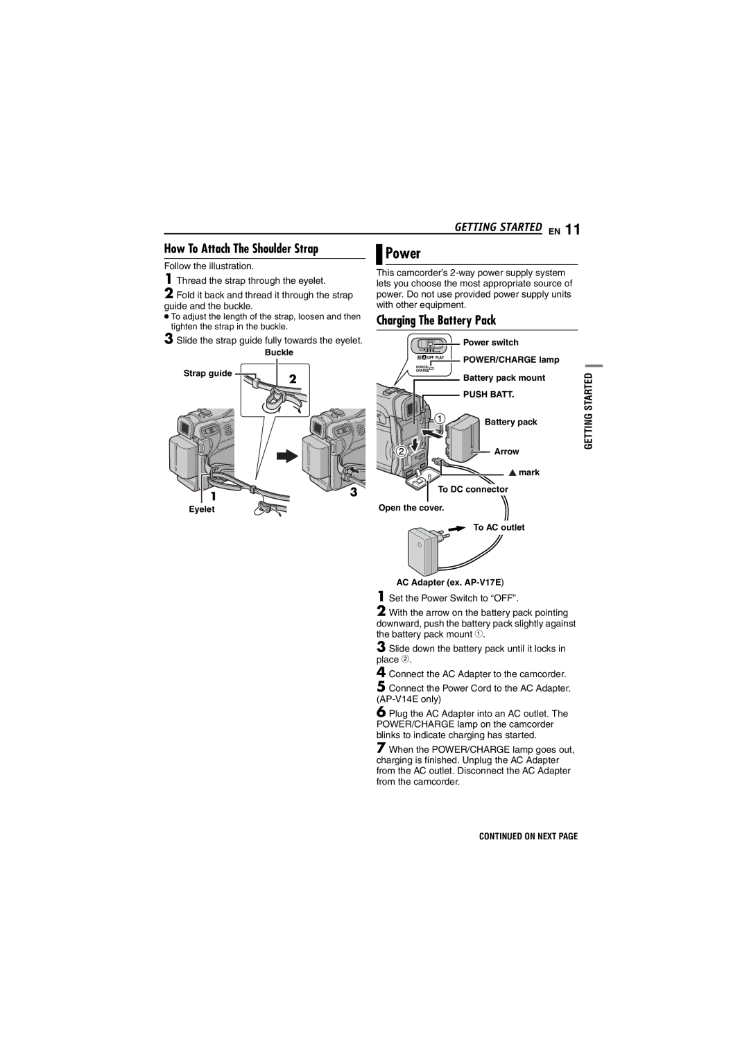 JVC GR-D240 manual Power, Charging The Battery Pack, Slide the strap guide fully towards the eyelet 