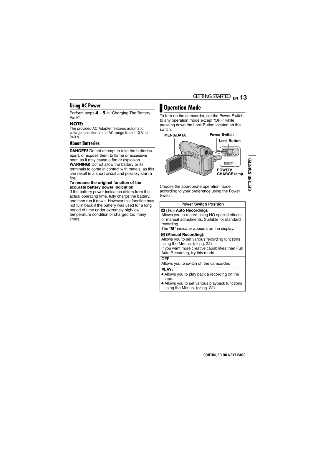 JVC GR-D240 manual Using AC Power, About Batteries 