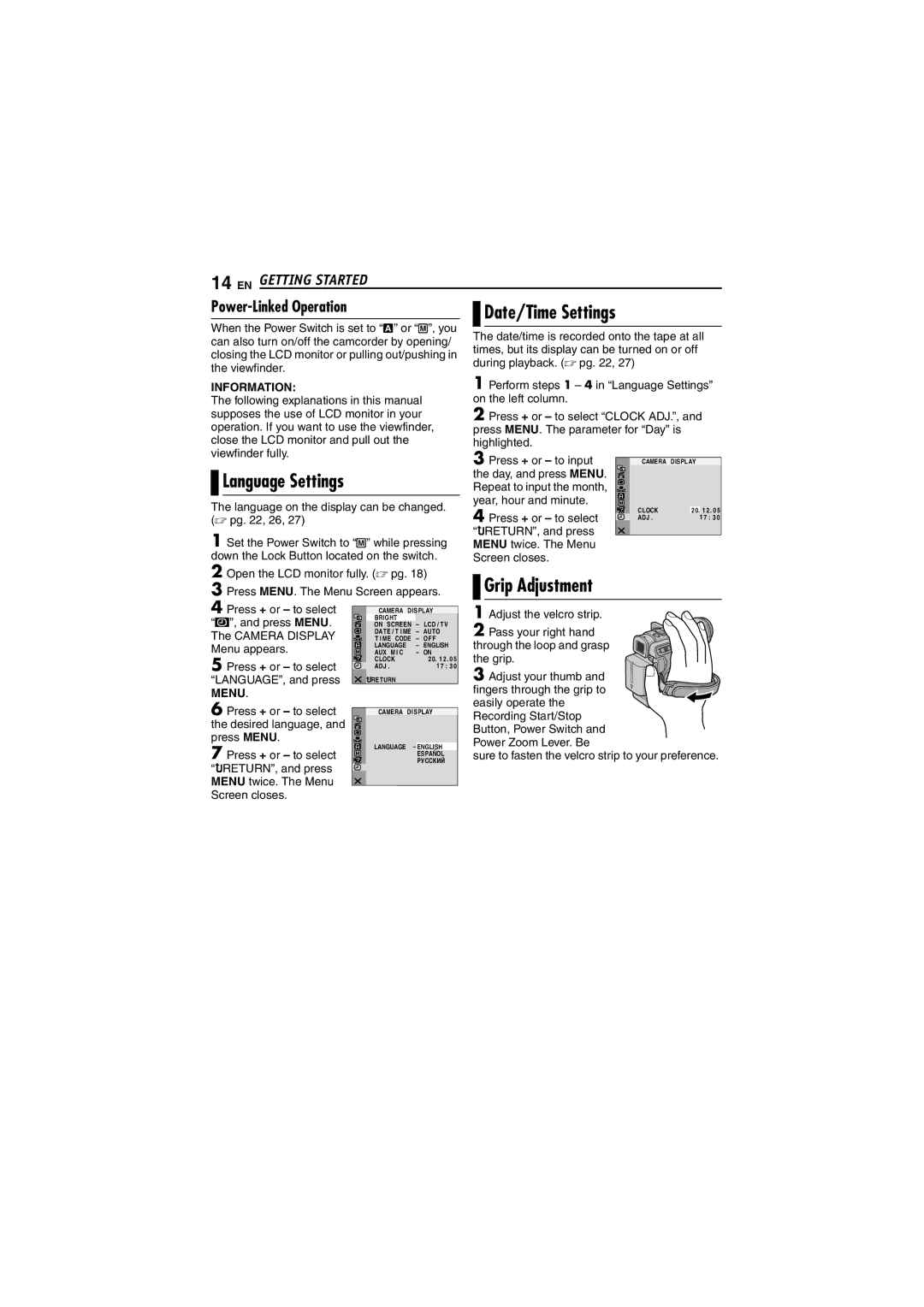 JVC GR-D240 manual Grip Adjustment, Language Settings 