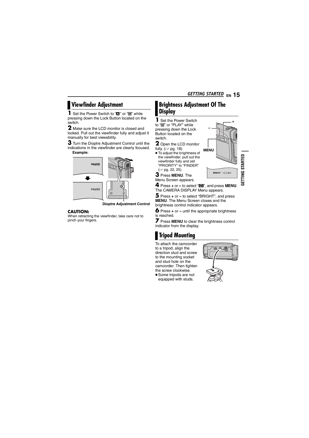 JVC GR-D240 manual Viewfinder Adjustment, Brightness Adjustment Of The Display, Tripod Mounting 