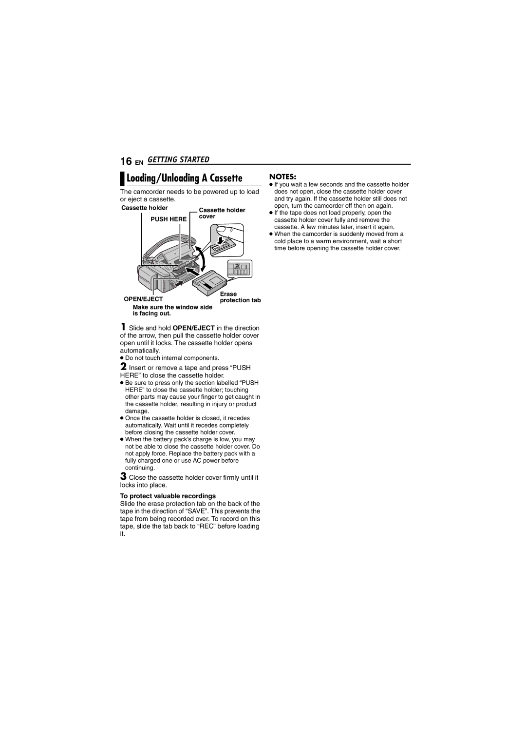 JVC GR-D240 manual Getting Started, Loading/Unloading a Cassette, Or eject a cassette, To protect valuable recordings 