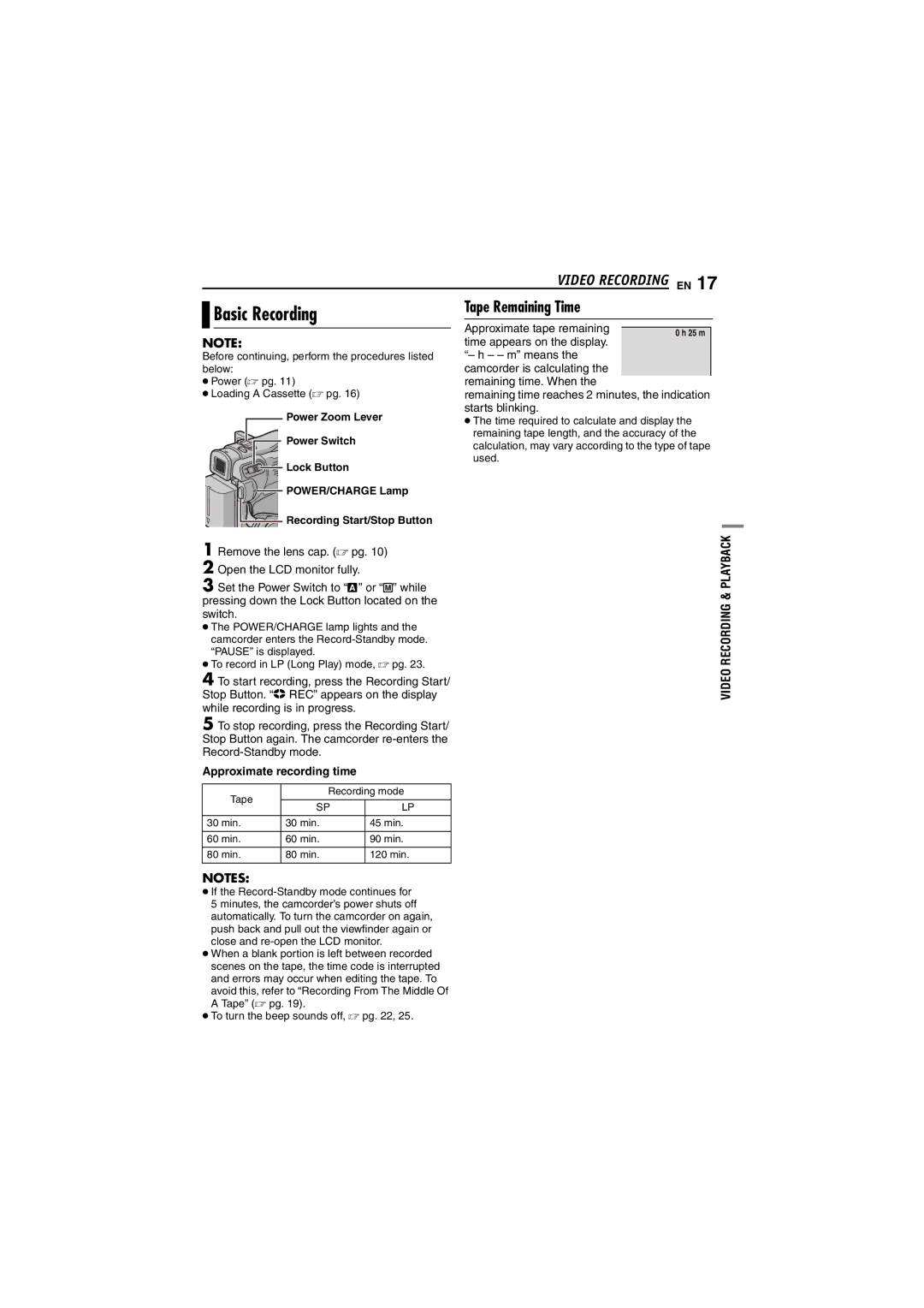 JVC GR-D240 manual Basic Recording, Tape Remaining Time, Approximate recording time 