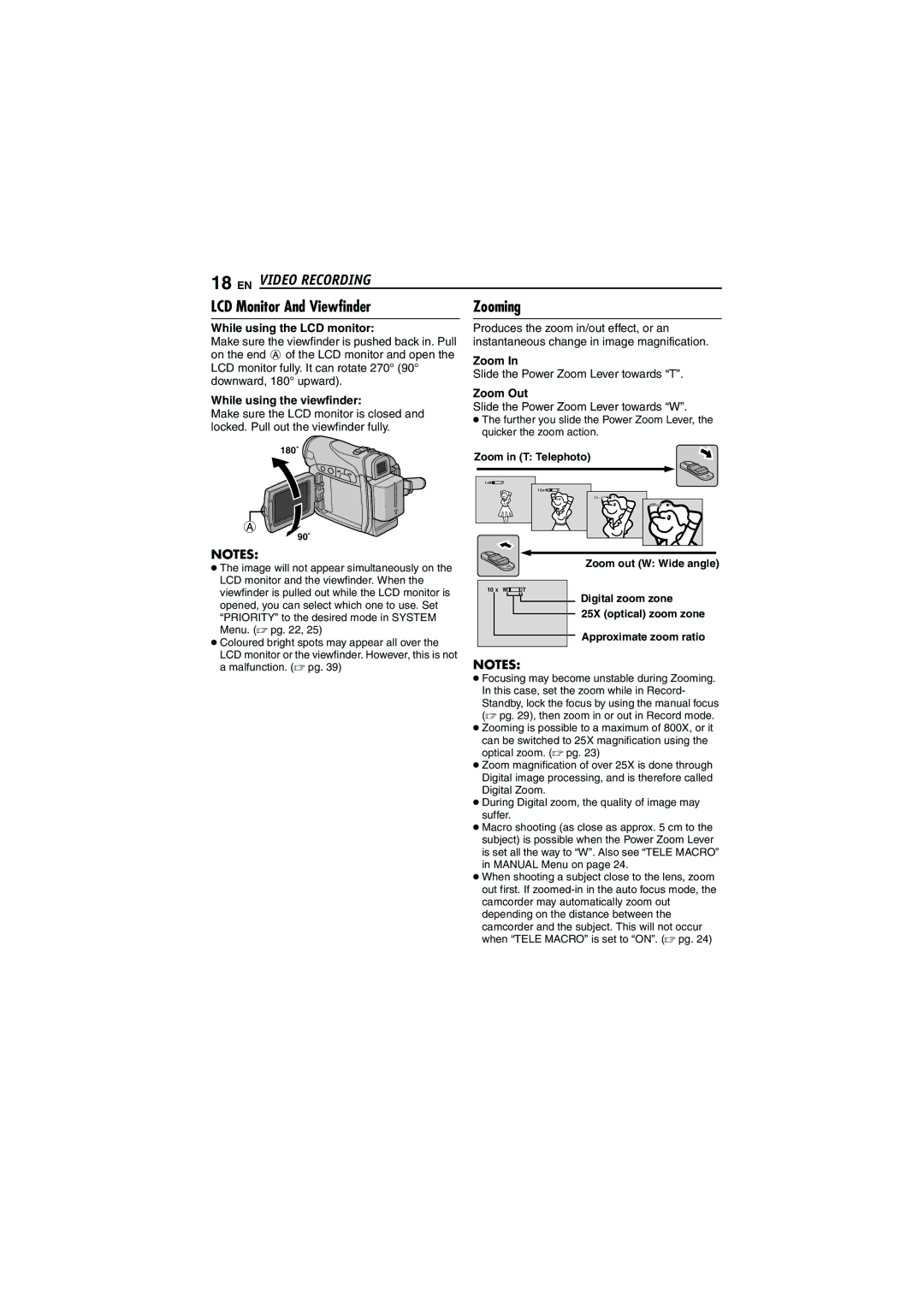 JVC GR-D240 manual EN Video Recording, While using the LCD monitor, While using the viewfinder, Zoom Out 