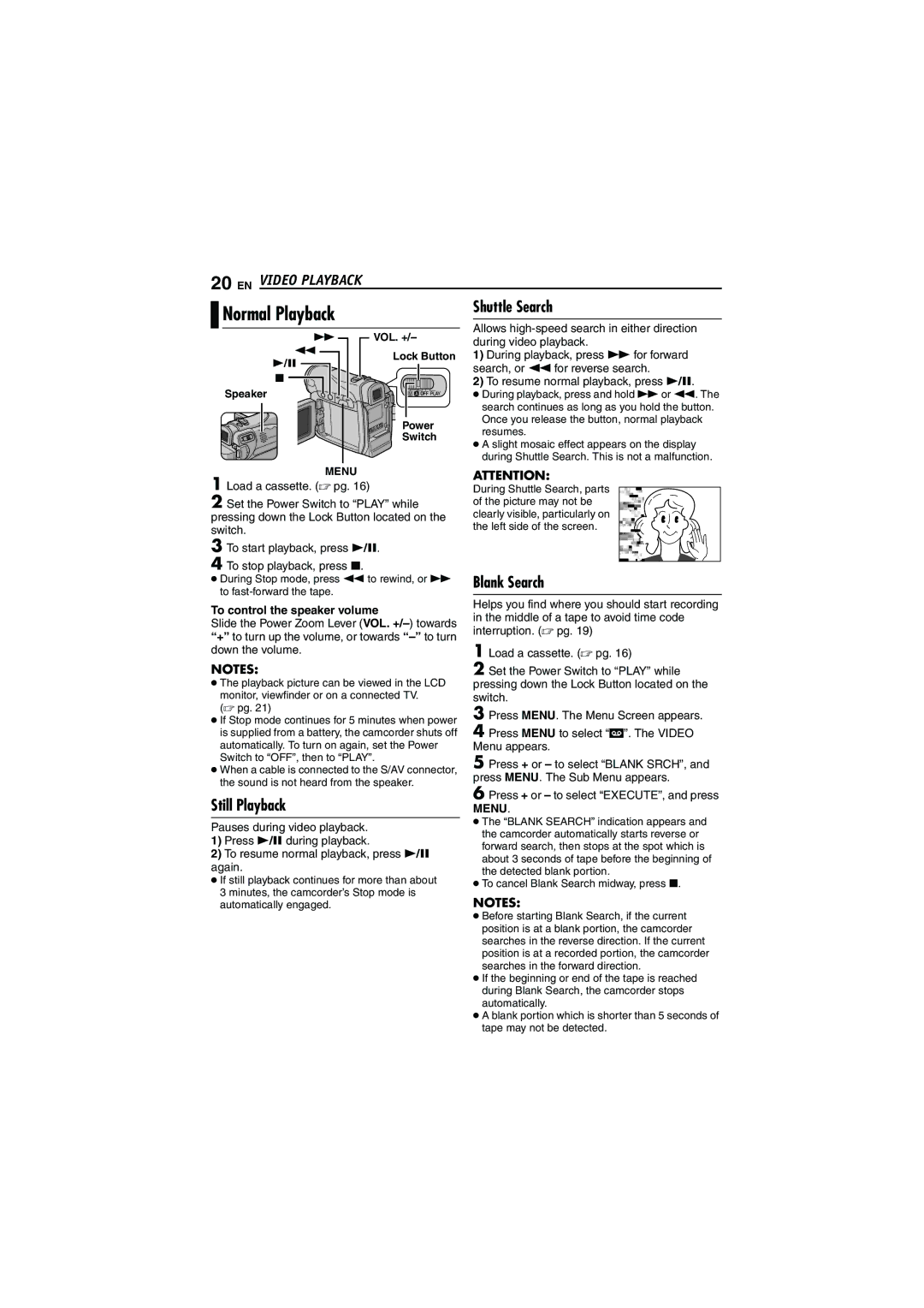 JVC GR-D240 manual Video Playback, Blank Search, Still Playback, To control the speaker volume 