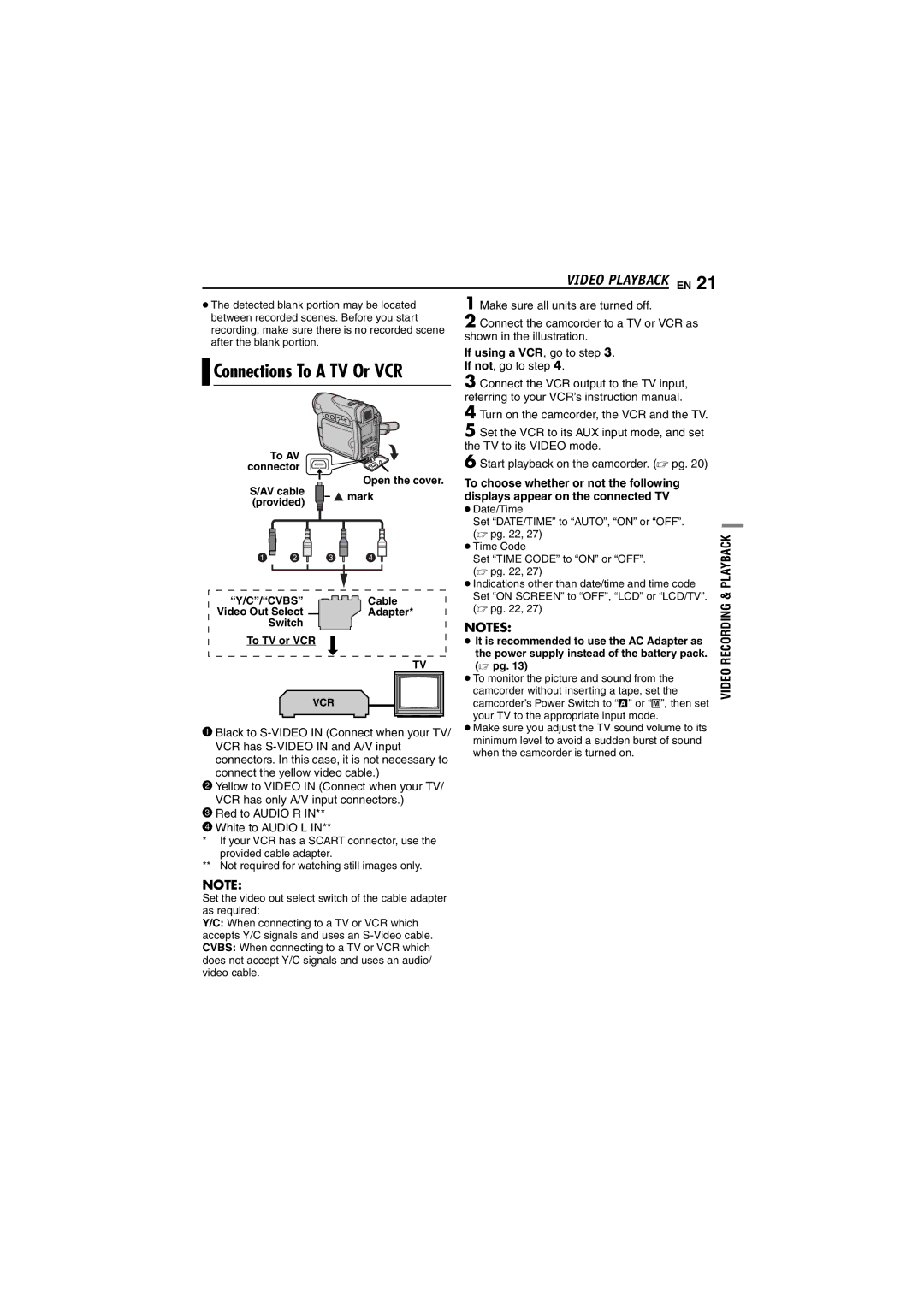 JVC GR-D240 manual Video Playback EN, If using a VCR, go to . If not, go to step 