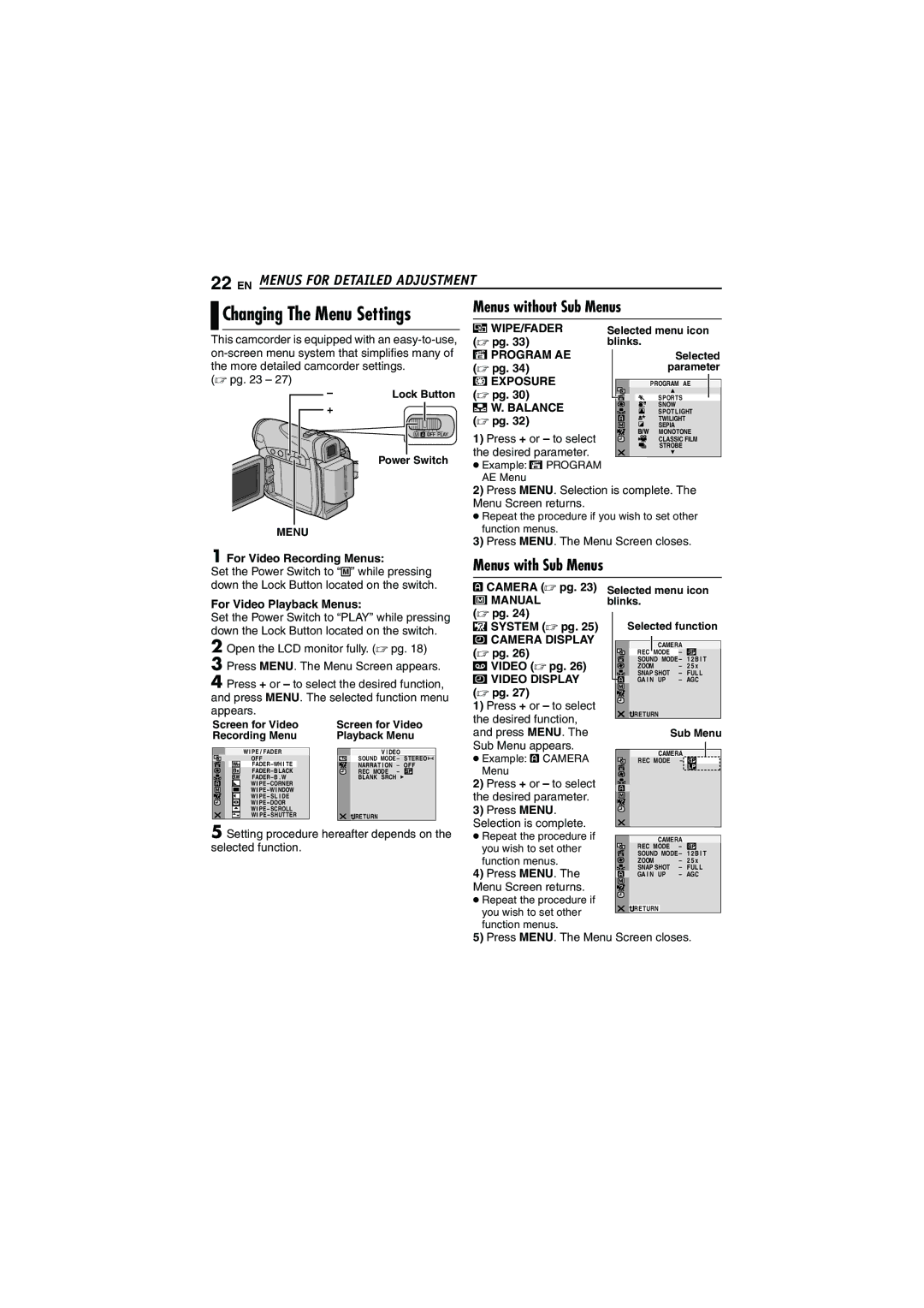 JVC GR-D240 manual EN Menus for Detailed Adjustment, Menus without Sub Menus, Menus with Sub Menus 