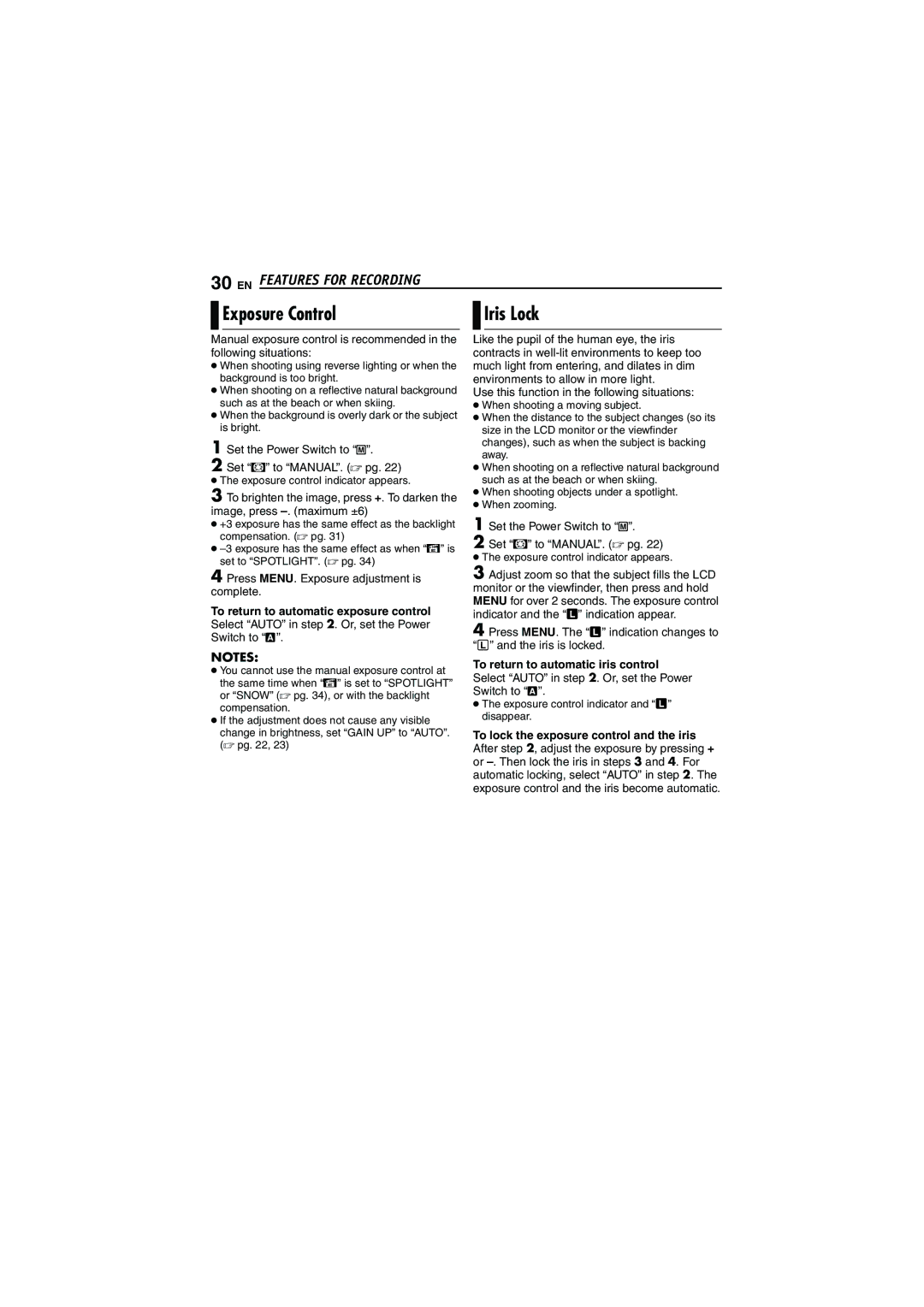 JVC GR-D240 manual Exposure Control, To return to automatic exposure control, To return to automatic iris control 