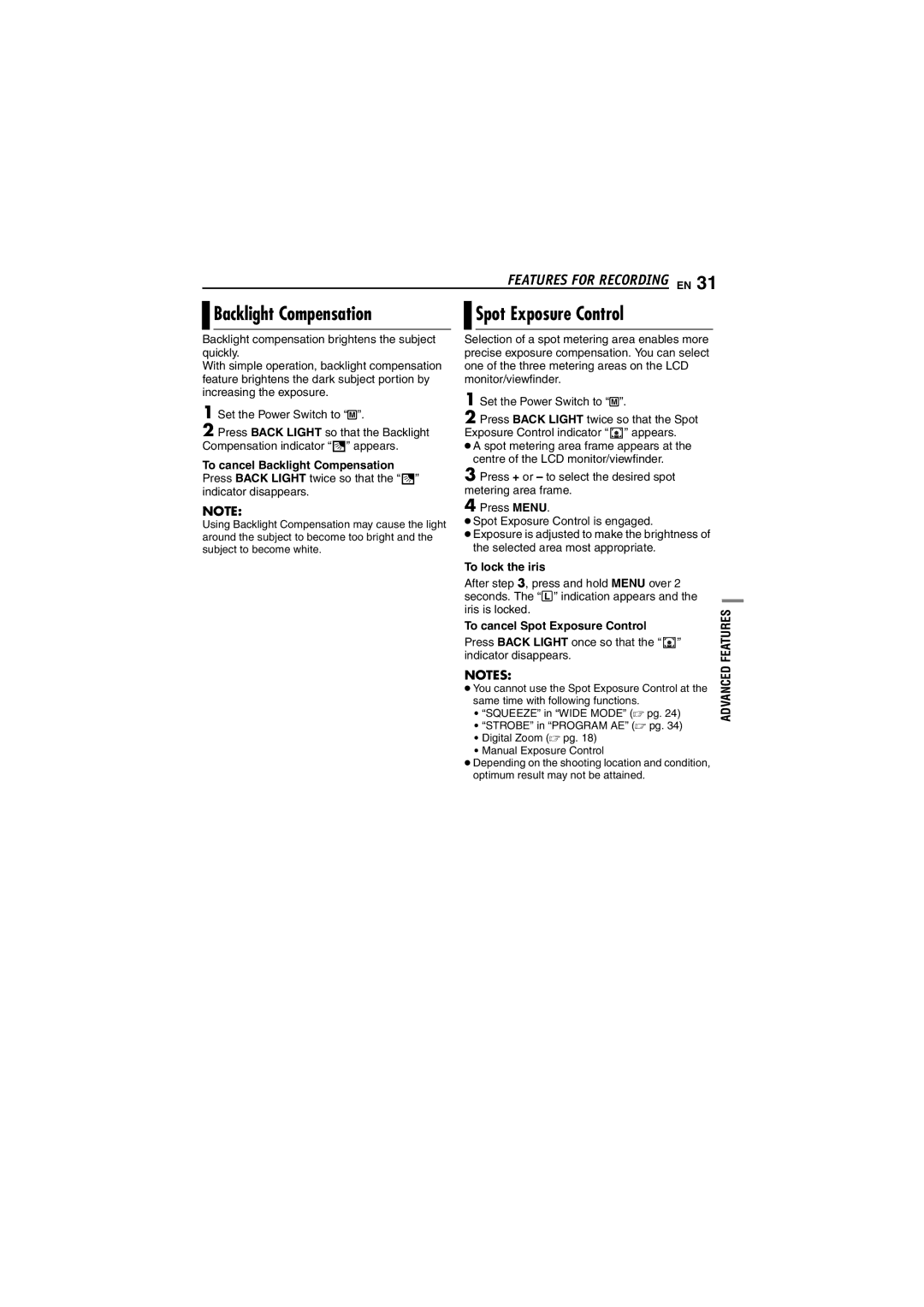 JVC GR-D240 manual Backlight Compensation, To lock the iris, To cancel Spot Exposure Control 