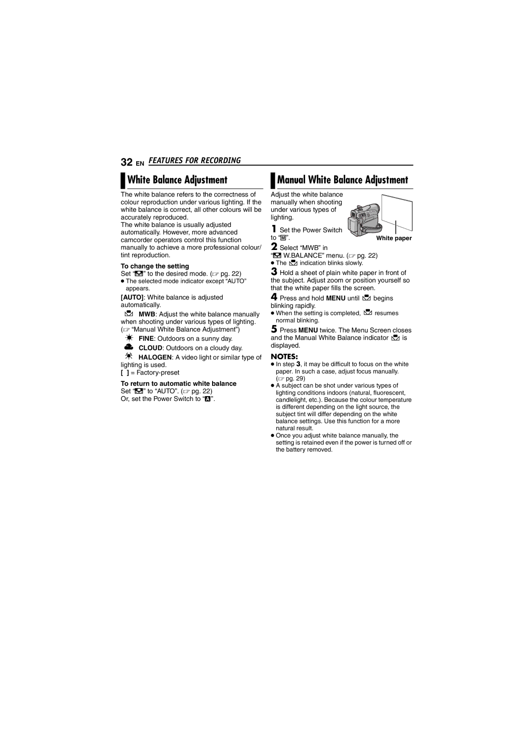 JVC GR-D240 manual White Balance Adjustment, To change the setting, To return to automatic white balance 