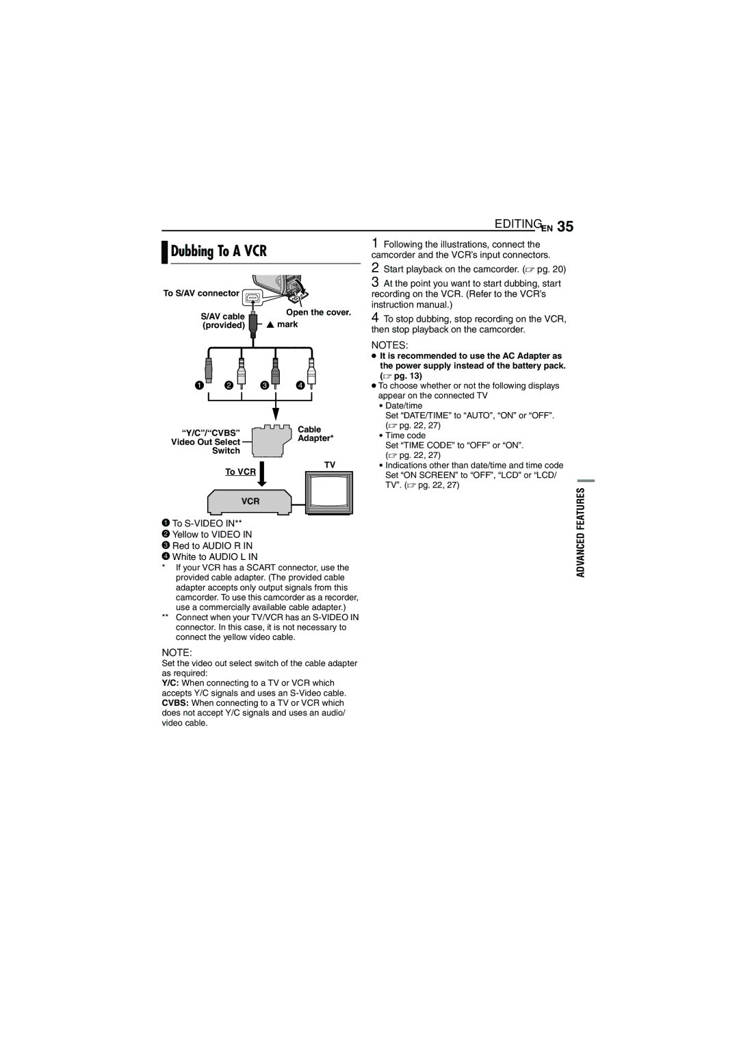 JVC GR-D240 Dubbing To a VCR, Editing EN, To S-VIDEO Yellow to Video Red to Audio R White to Audio L, Cvbs Cable Adapter 