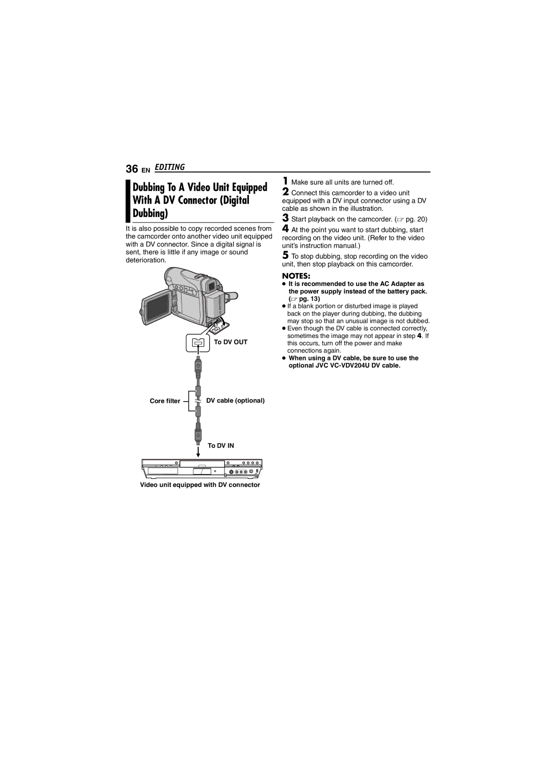 JVC GR-D240 manual Dubbing, EN Editing, To DV OUT 