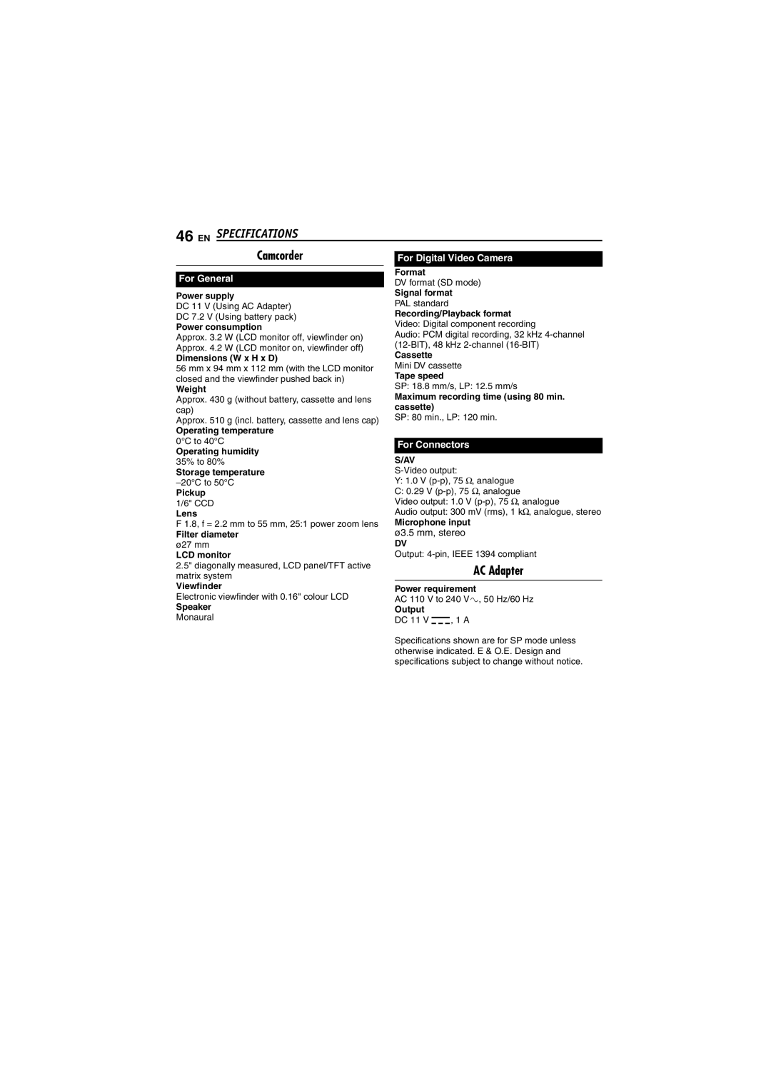 JVC GR-D240 manual EN Specifications, Camcorder, AC Adapter, Ø3.5 mm, stereo 