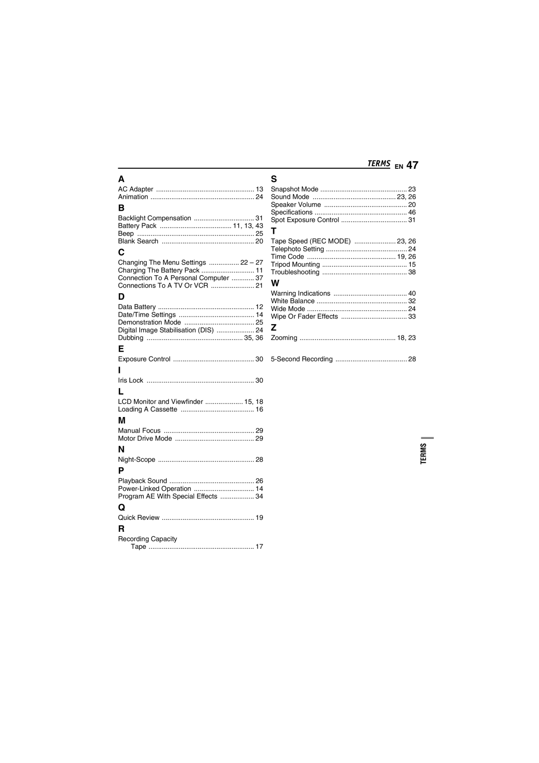 JVC GR-D240 manual Recording Capacity, Terms 