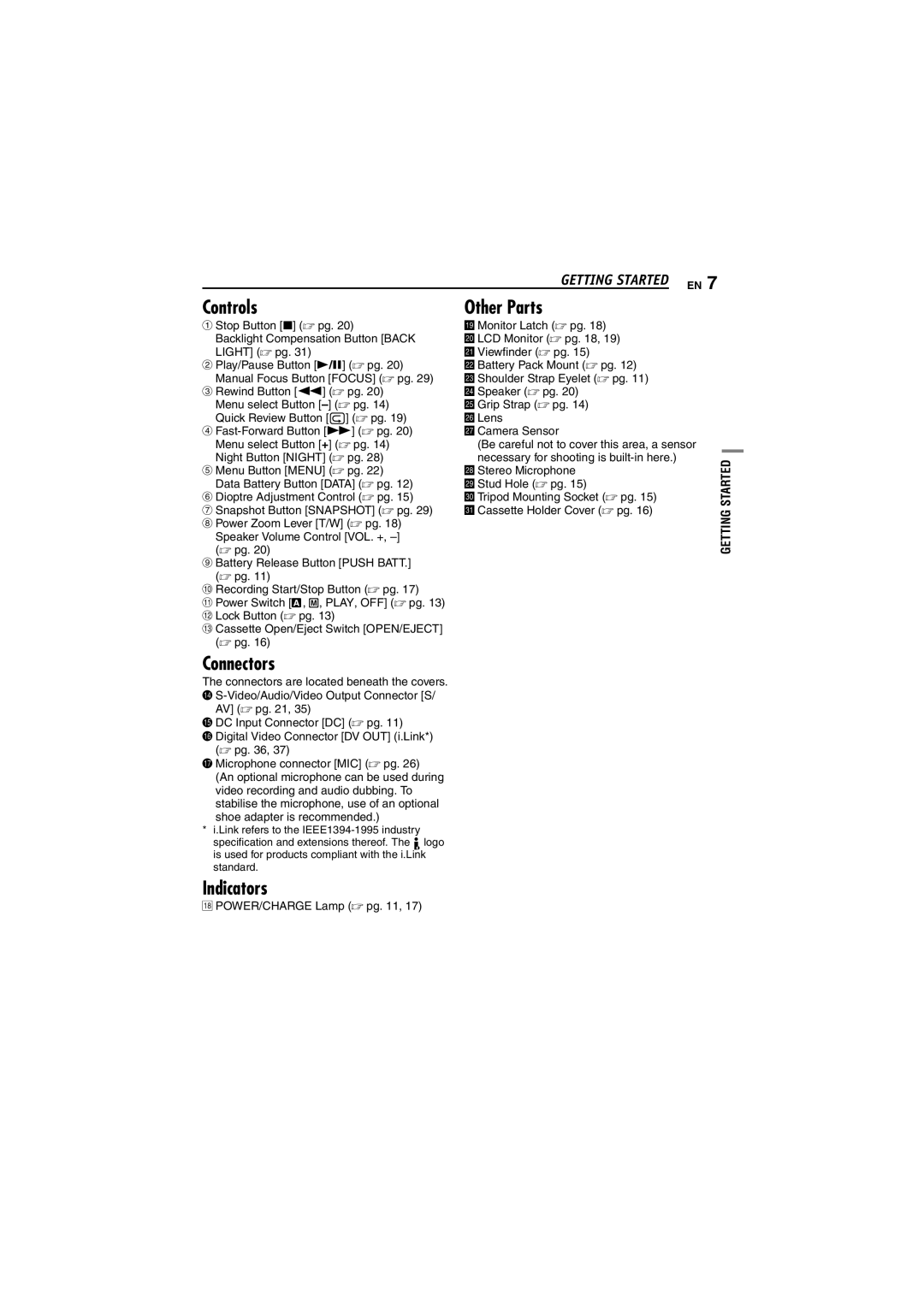 JVC GR-D240 manual Controls, Other Parts, Connectors, Indicators, Getting Started EN 