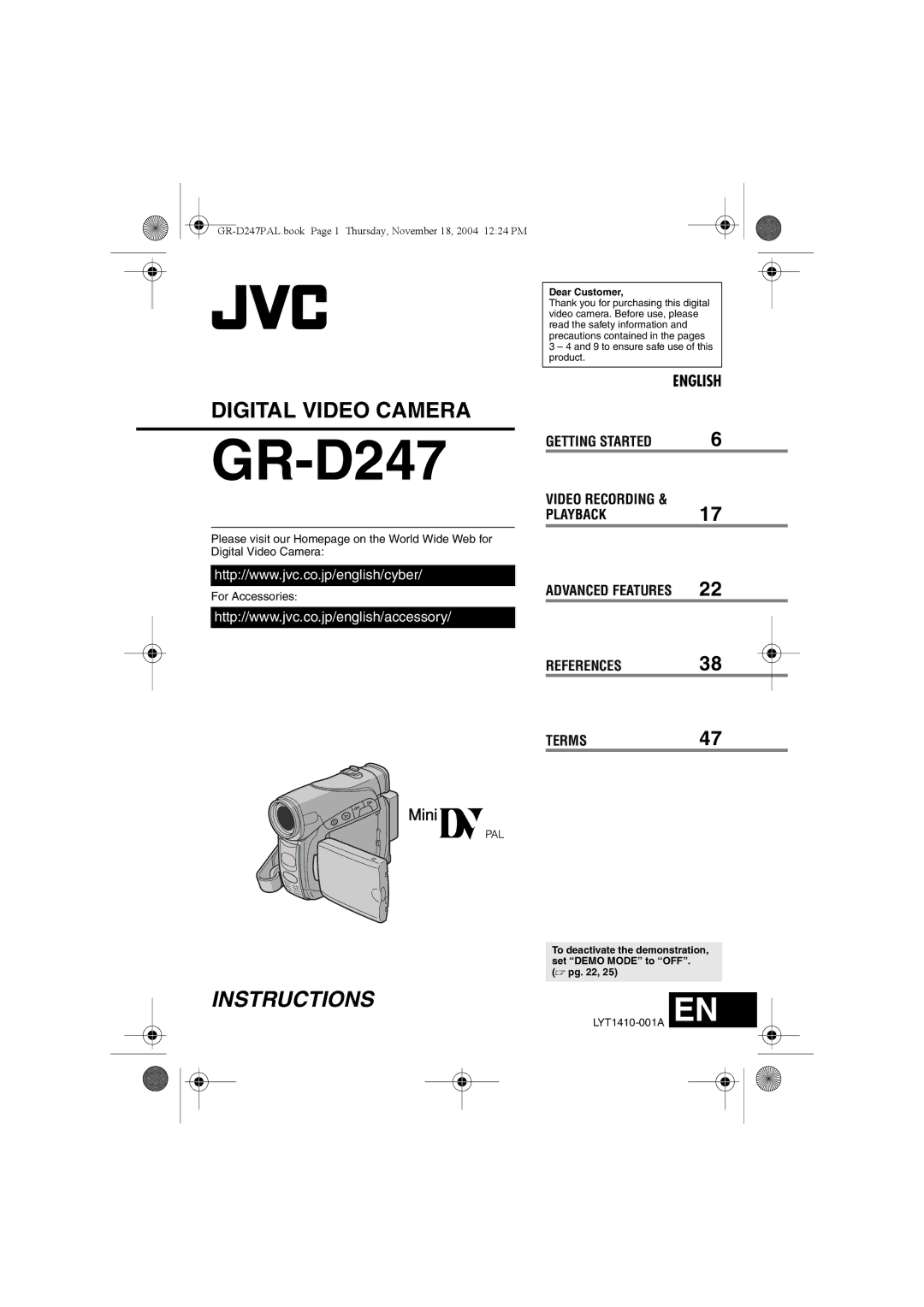 JVC GR-D247 manual Dear Customer 