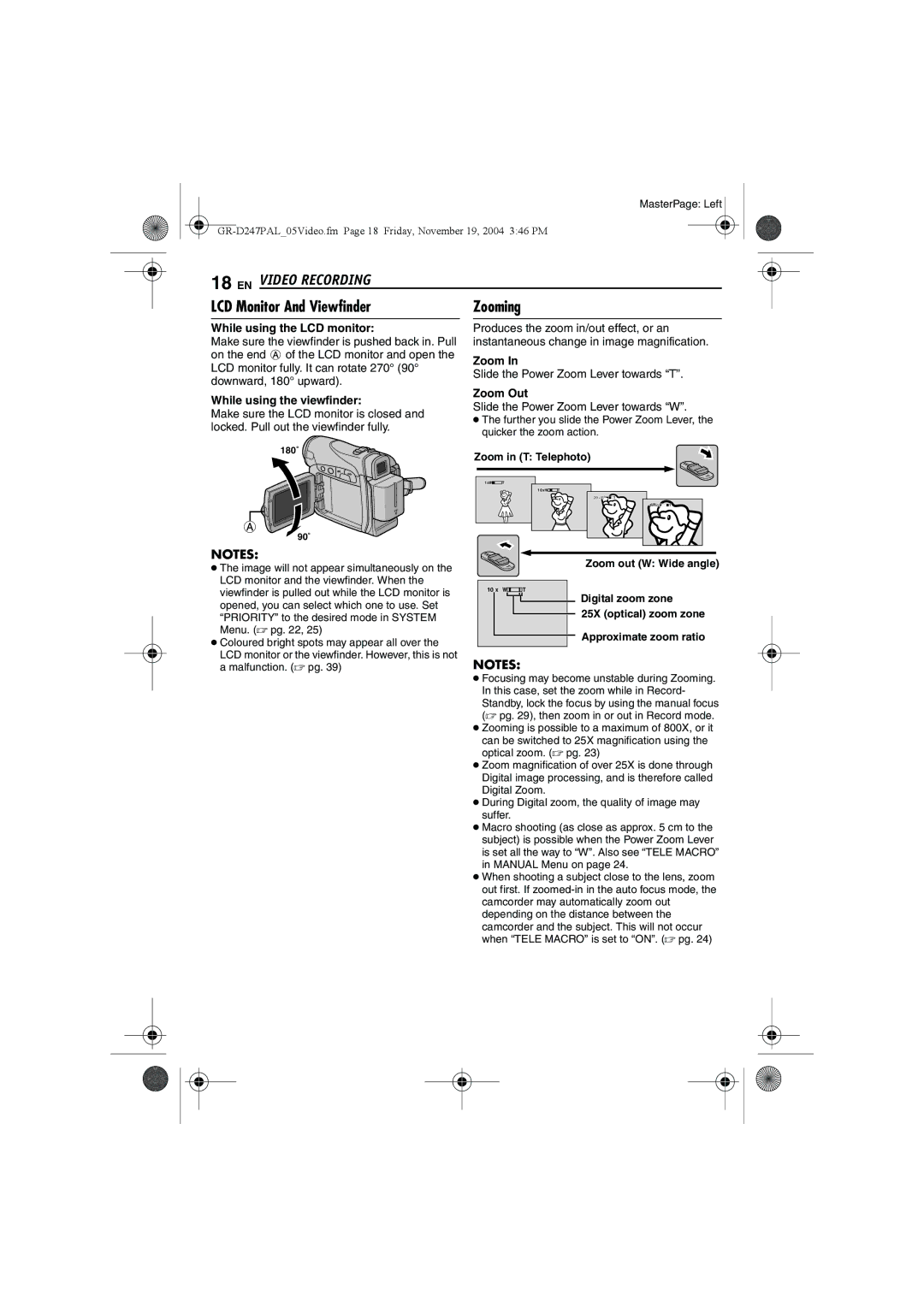 JVC GR-D247 manual EN Video Recording, While using the LCD monitor, While using the viewfinder, Zoom Out 