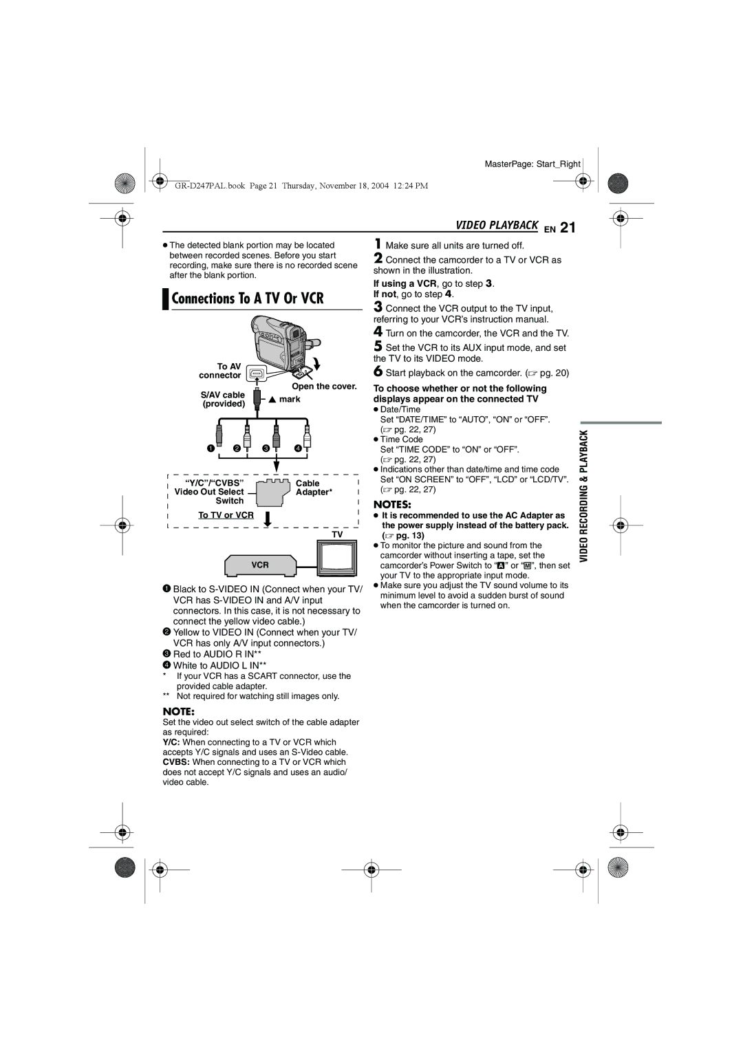 JVC GR-D247 manual Video Playback EN, If using a VCR, go to . If not, go to step, Start playback on the camcorder.  pg 