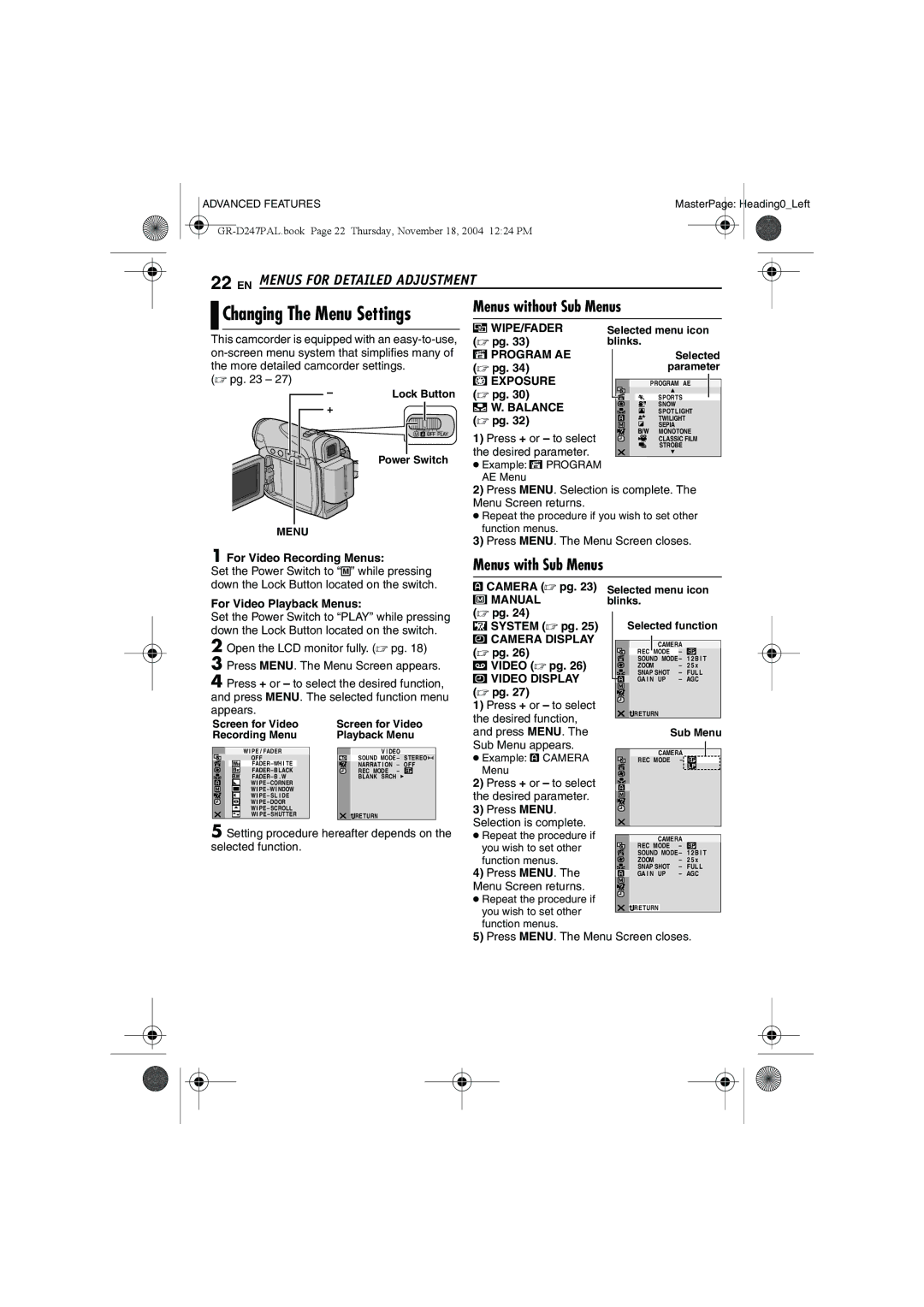 JVC GR-D247 manual EN Menus for Detailed Adjustment, Menus without Sub Menus, Menus with Sub Menus 