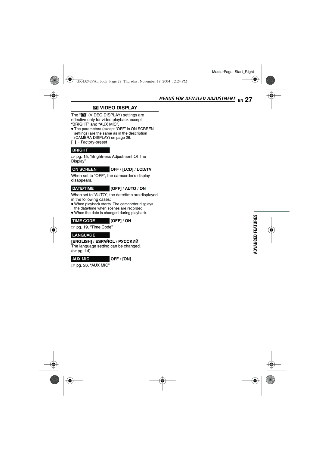 JVC GR-D247 manual When set to OFF, the camcorder’s display disappears, OFF / on,  pg , Time Code,  pg , AUX MIC 