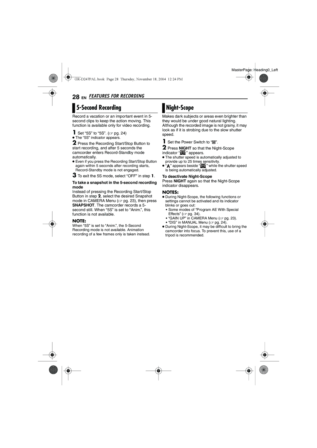 JVC GR-D247 manual Second Recording, EN Features for Recording, To take a snapshot in the 5-second recording mode 