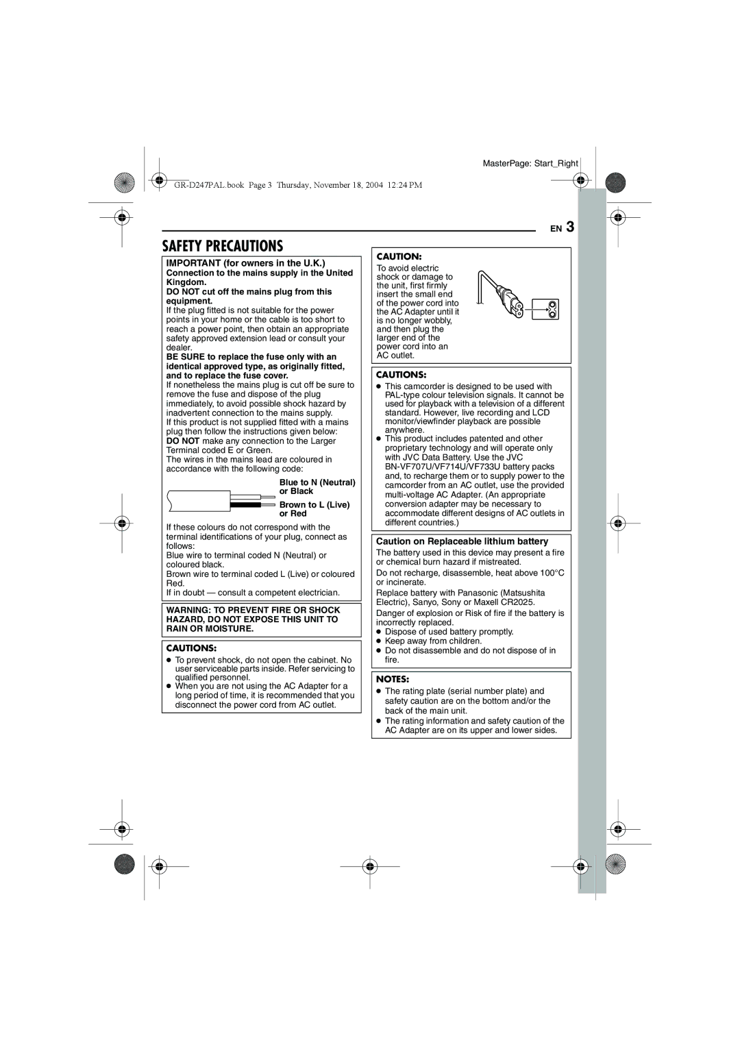 JVC GR-D247 manual Important for owners in the U.K, Blue to N Neutral or Black Brown to L Live or Red 