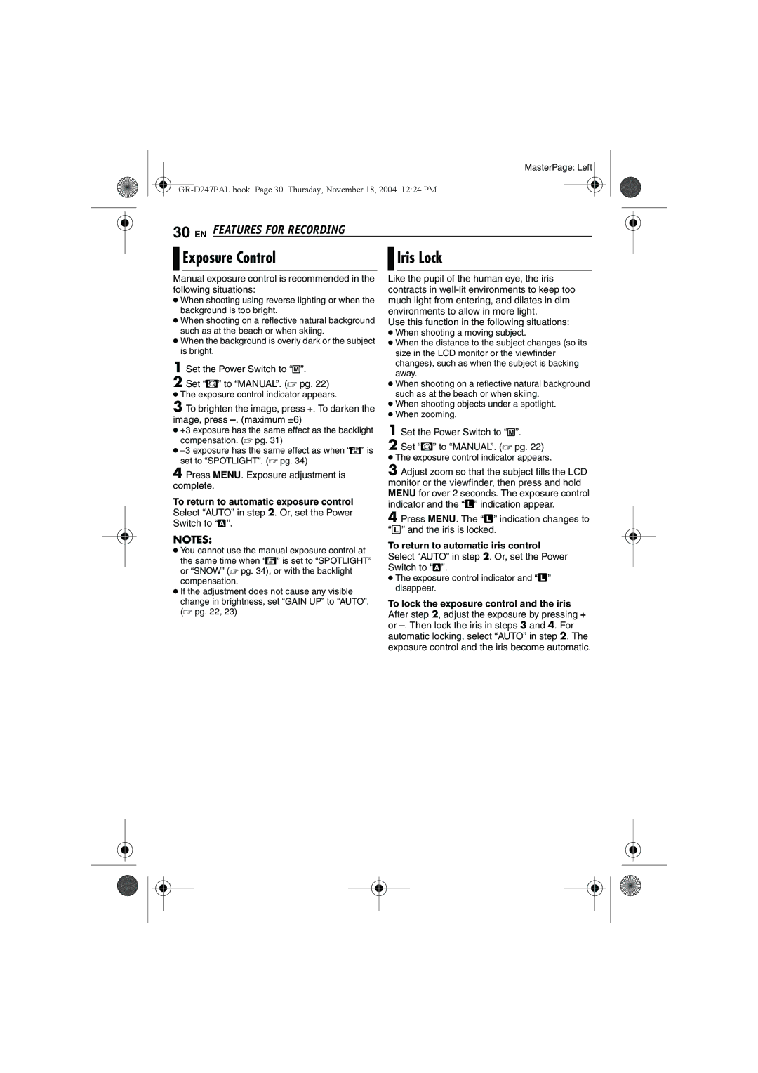 JVC GR-D247 manual Exposure Control, To return to automatic exposure control, To return to automatic iris control 