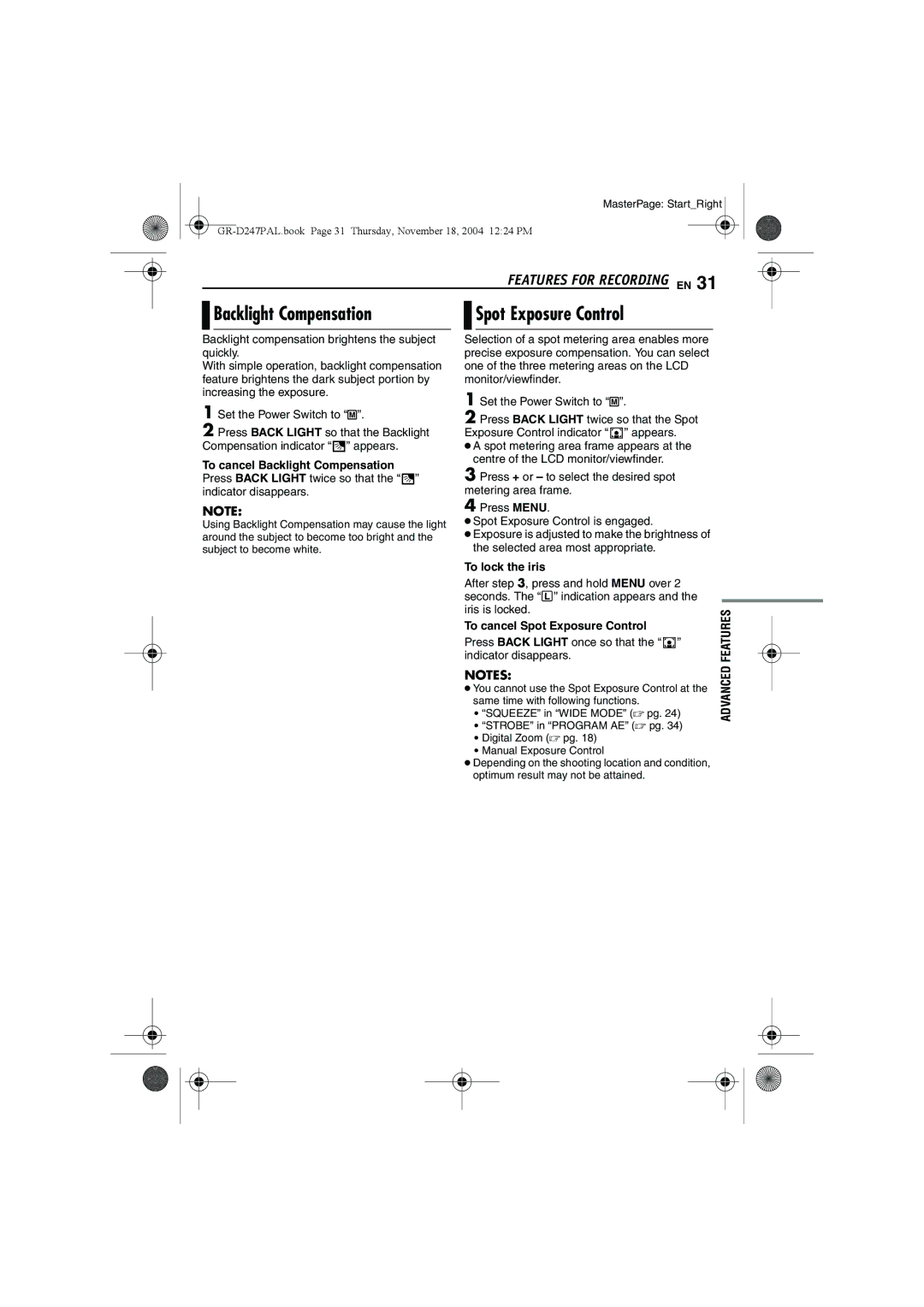 JVC GR-D247 manual Backlight Compensation Spot Exposure Control, To lock the iris, To cancel Spot Exposure Control 