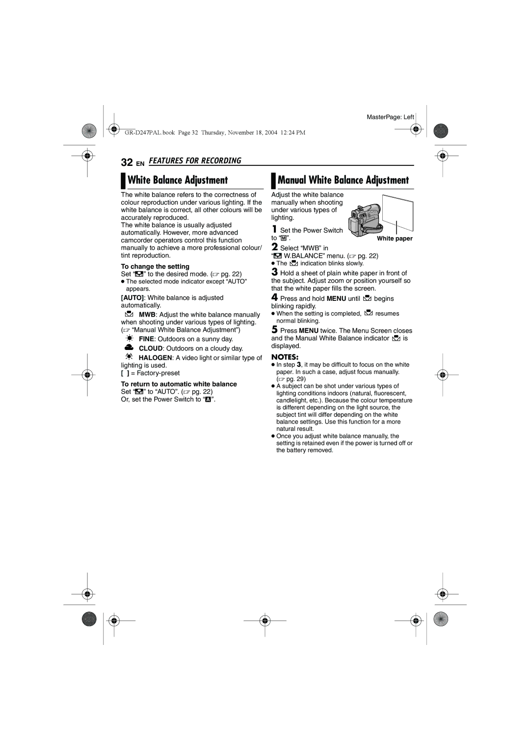 JVC GR-D247 manual White Balance Adjustment, To change the setting, To return to automatic white balance 