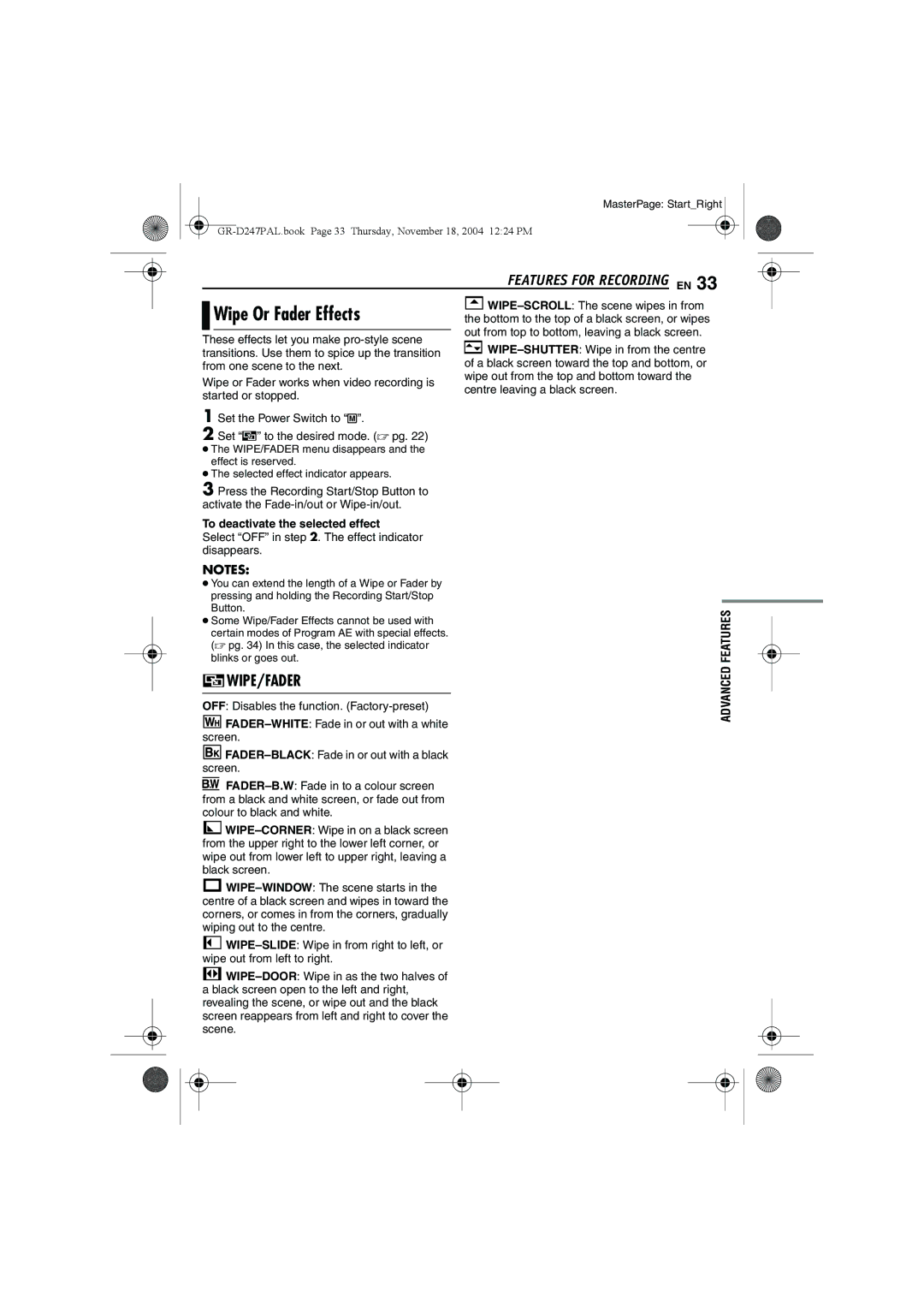 JVC GR-D247 manual Wipe Or Fader Effects, To deactivate the selected effect 