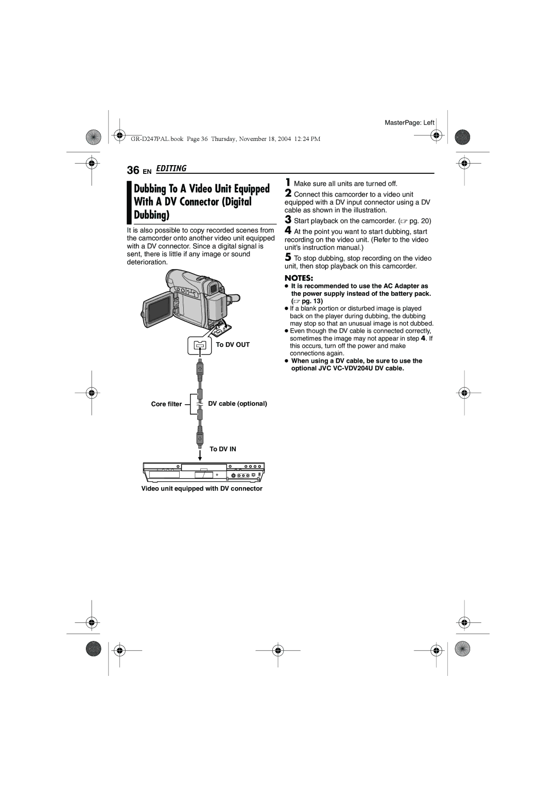 JVC GR-D247 manual Dubbing, EN Editing, To DV OUT 