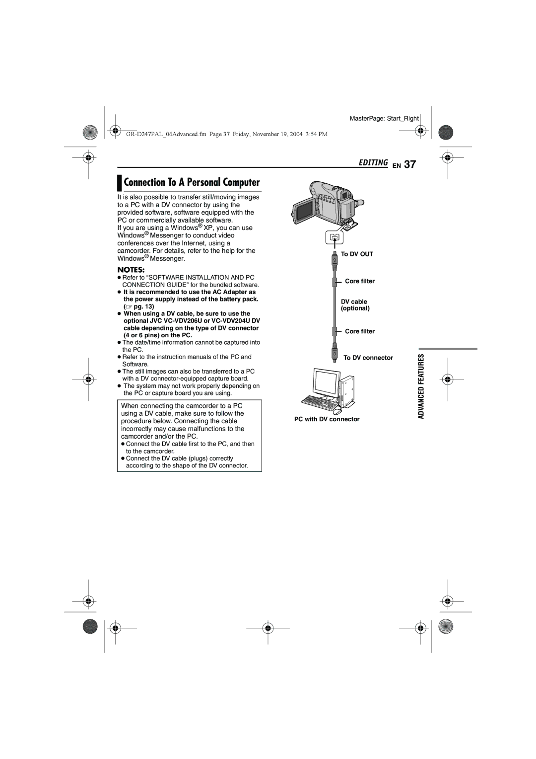 JVC GR-D247 manual Connection To a Personal Computer 