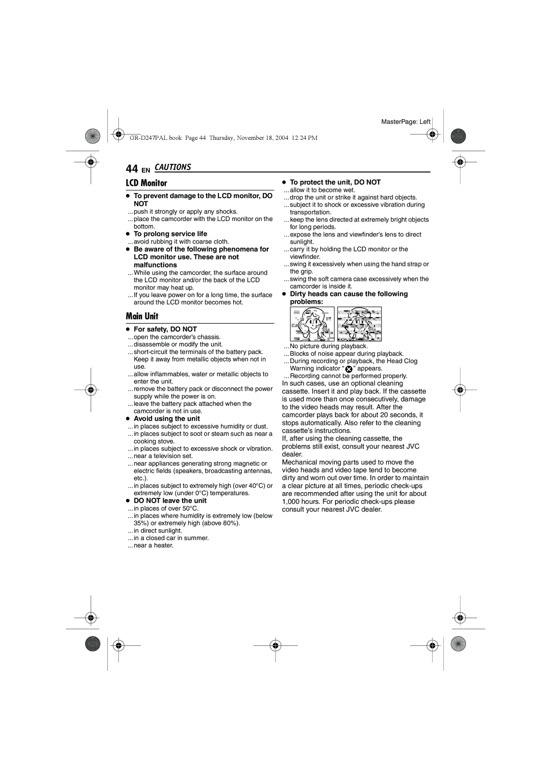 JVC GR-D247 manual EN Cautions, LCD Monitor, Main Unit 