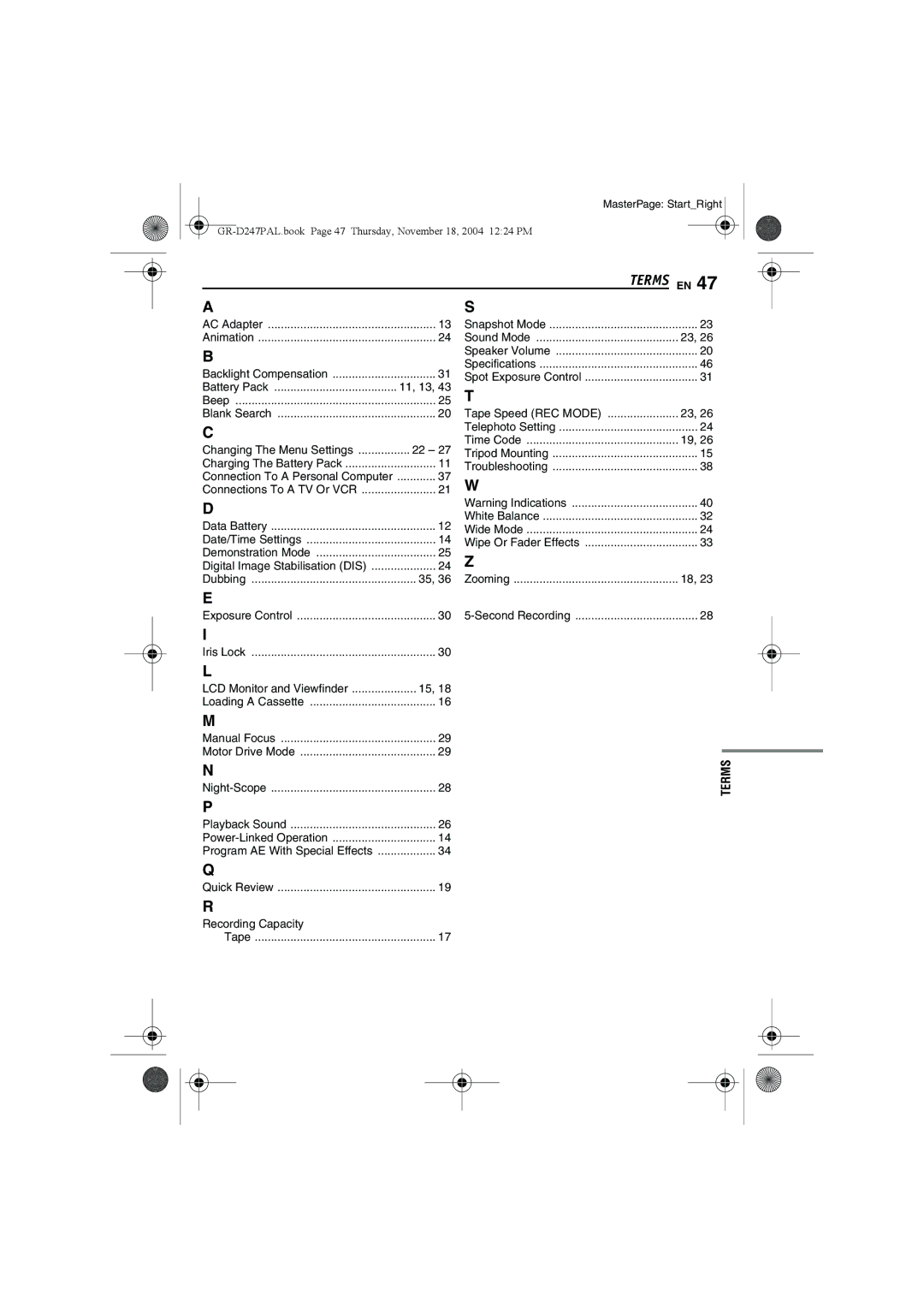 JVC GR-D247 manual Recording Capacity, Terms 