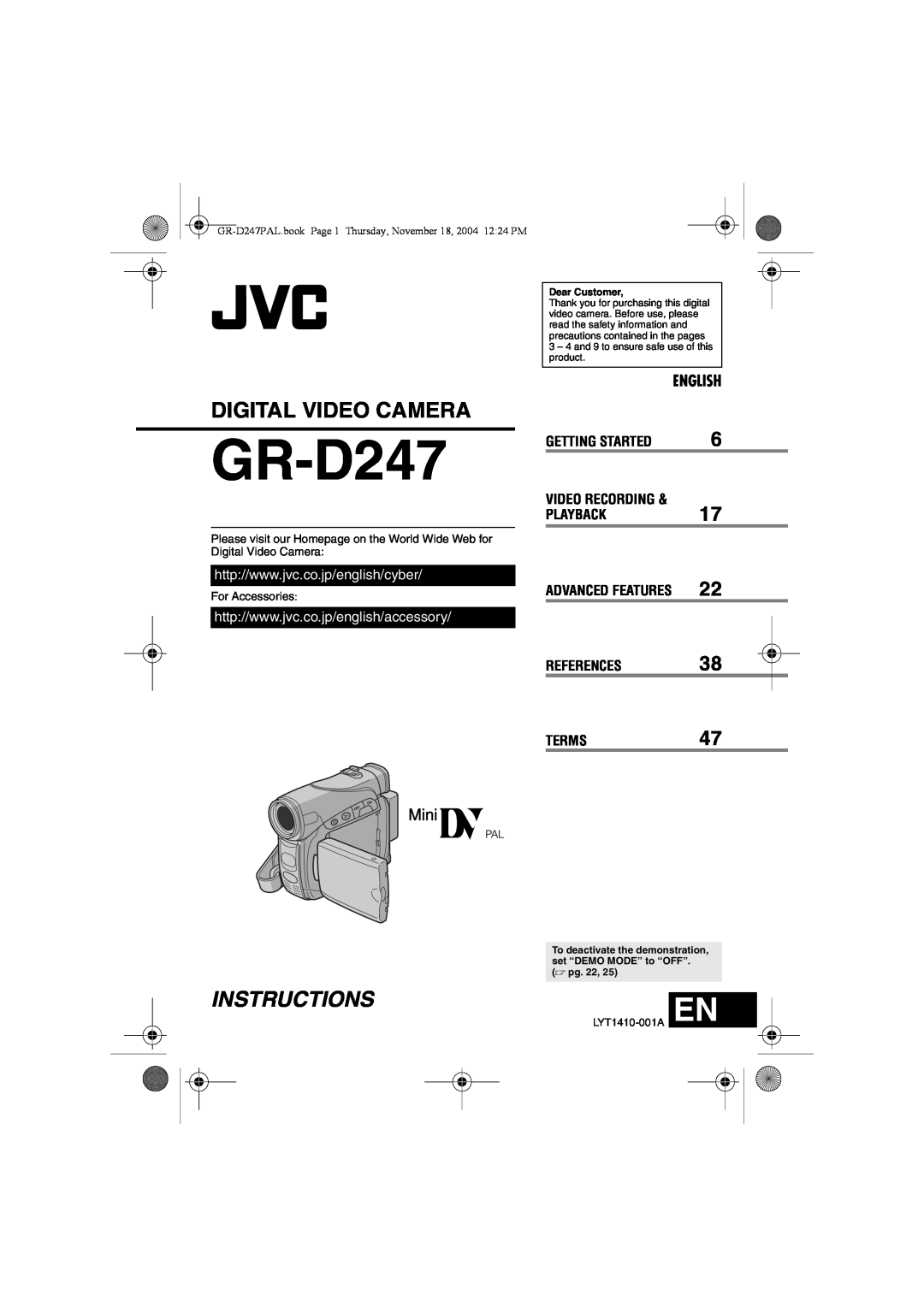 JVC GR-D247 manual English, Getting Started, VIDEO RECORDING PLAYBACK17 ADVANCED FEATURES REFERENCES38 TERMS47 