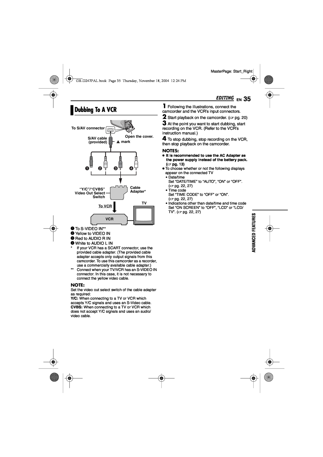 JVC GR-D247 manual Dubbing To A VCR, Editing En, 1 2 3, Features, Advanced, S/AV cable, mark, provided, “Y/C”/“Cvbs”, Cable 