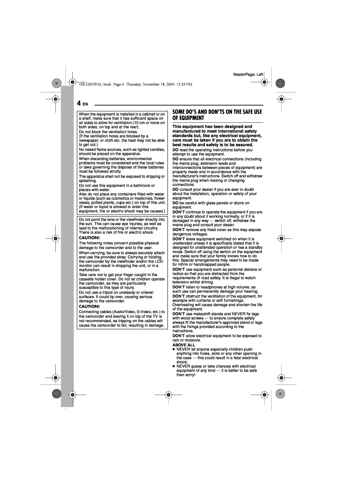 JVC GR-D247 manual 4 EN, Some Do’S And Don’Ts On The Safe Use Of Equipment, Above All 