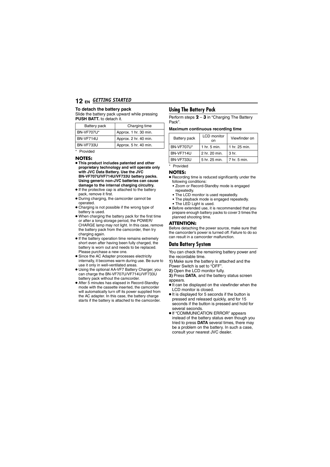 JVC GR-D252 manual Data Battery System, Maximum continuous recording time 