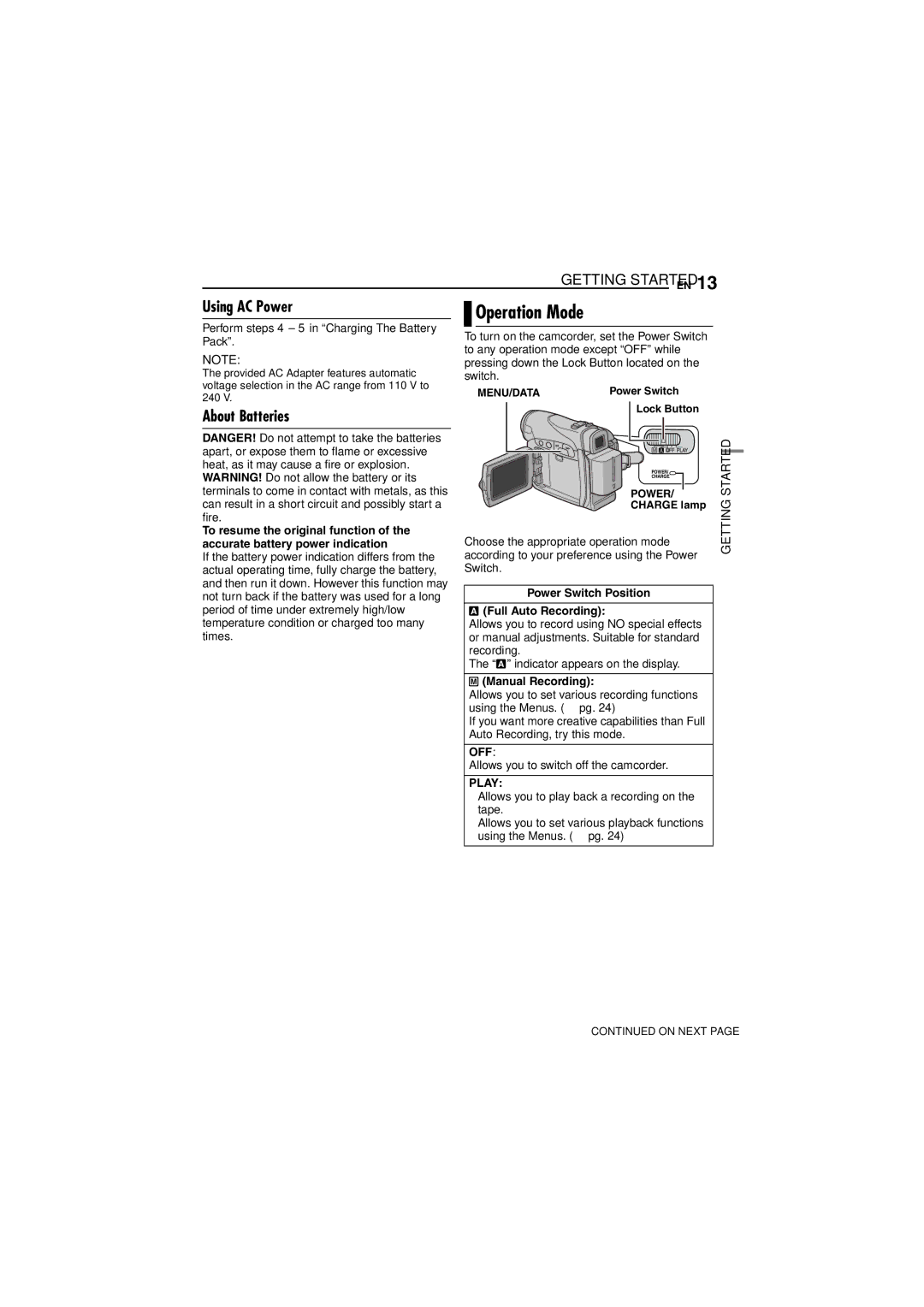 JVC GR-D252 manual Using AC Power, About Batteries 