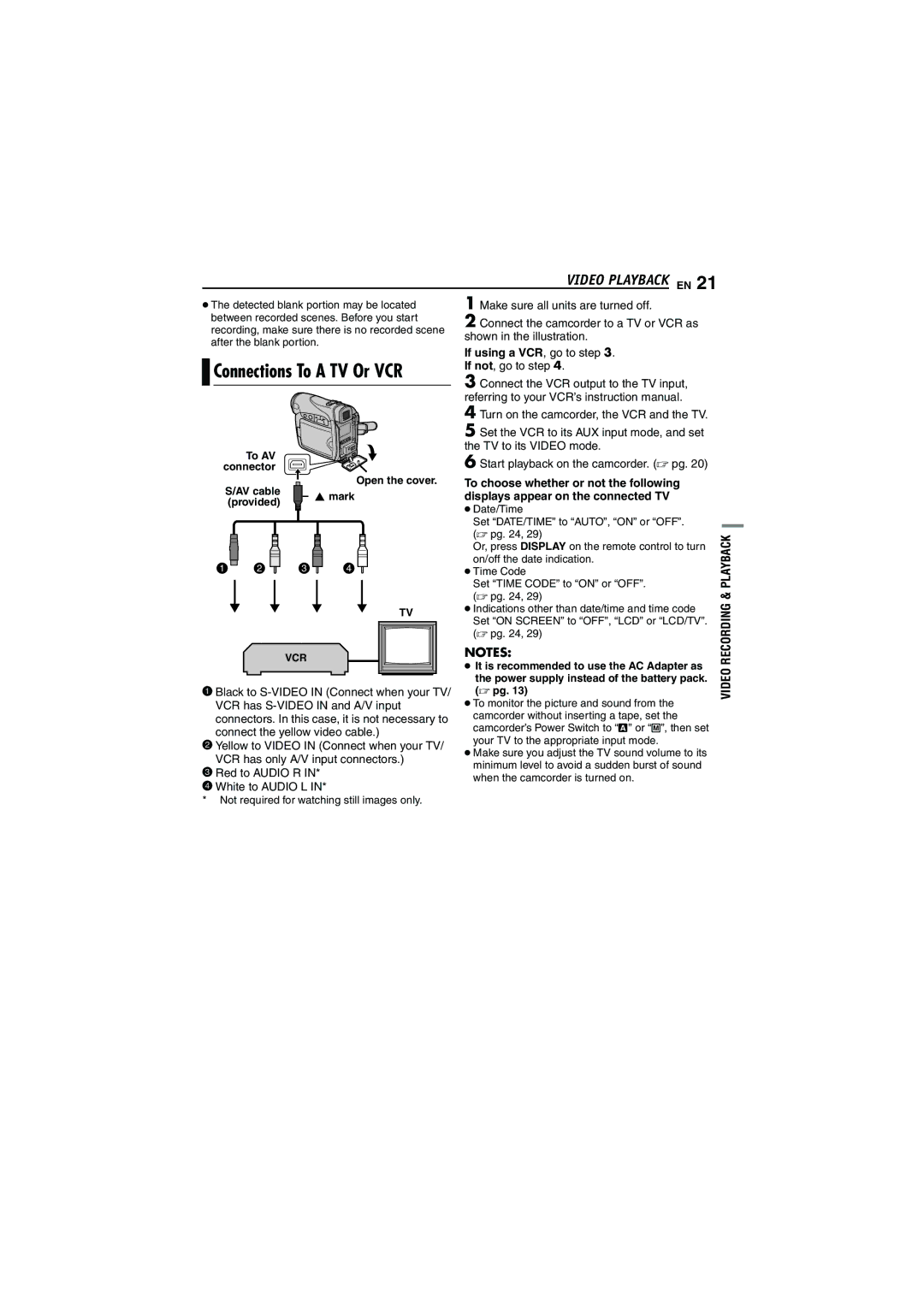 JVC GR-D252 manual If using a VCR, go to . If not, go to step, Start playback on the camcorder.  pg, To AV connector 