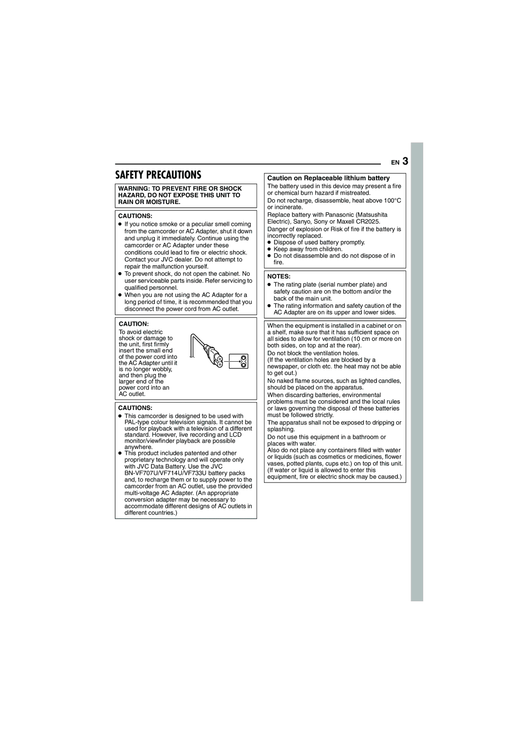 JVC GR-D252 manual Safety Precautions 