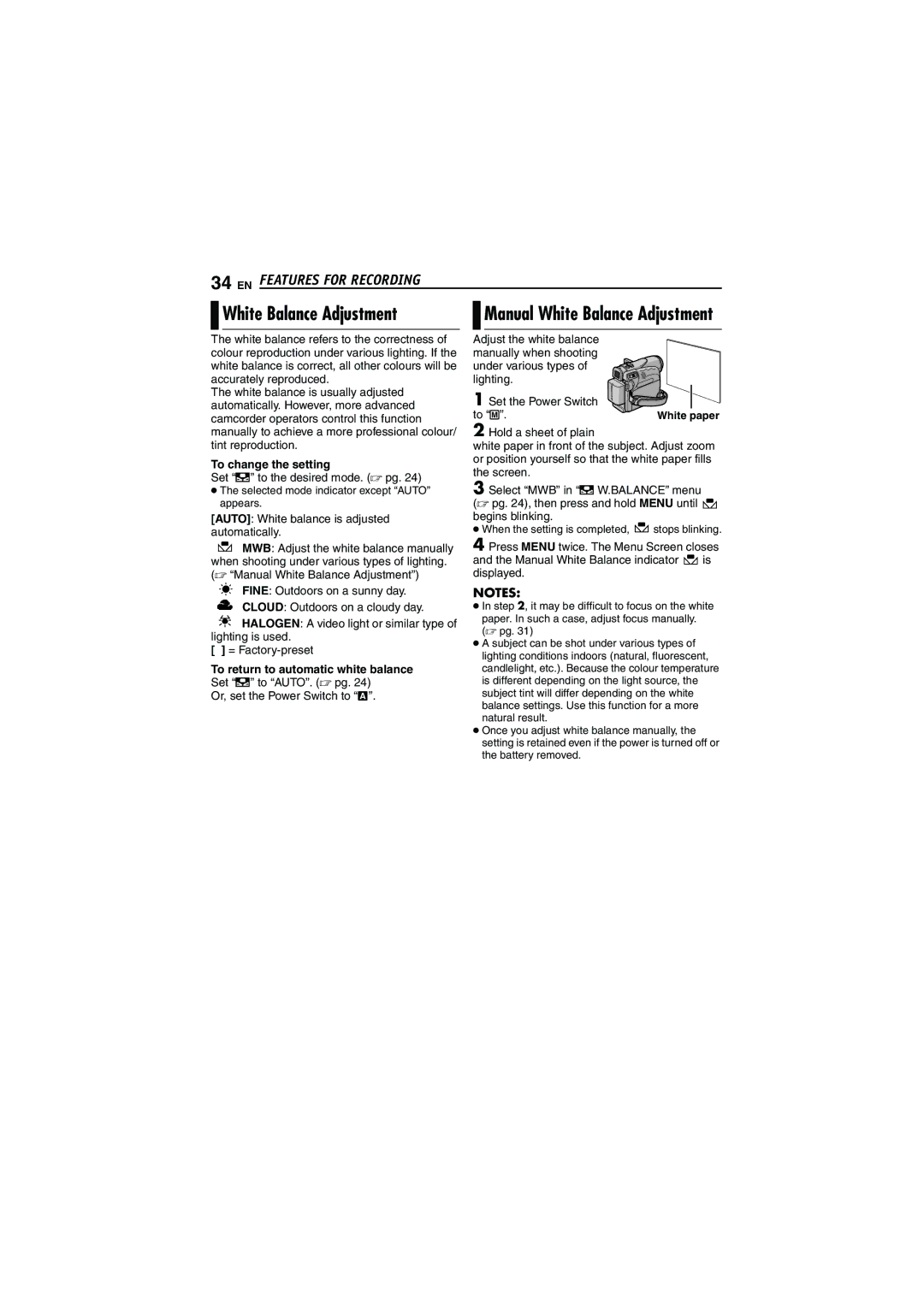 JVC GR-D252 manual White Balance Adjustment, To change the setting, Set u to the desired mode.  pg 