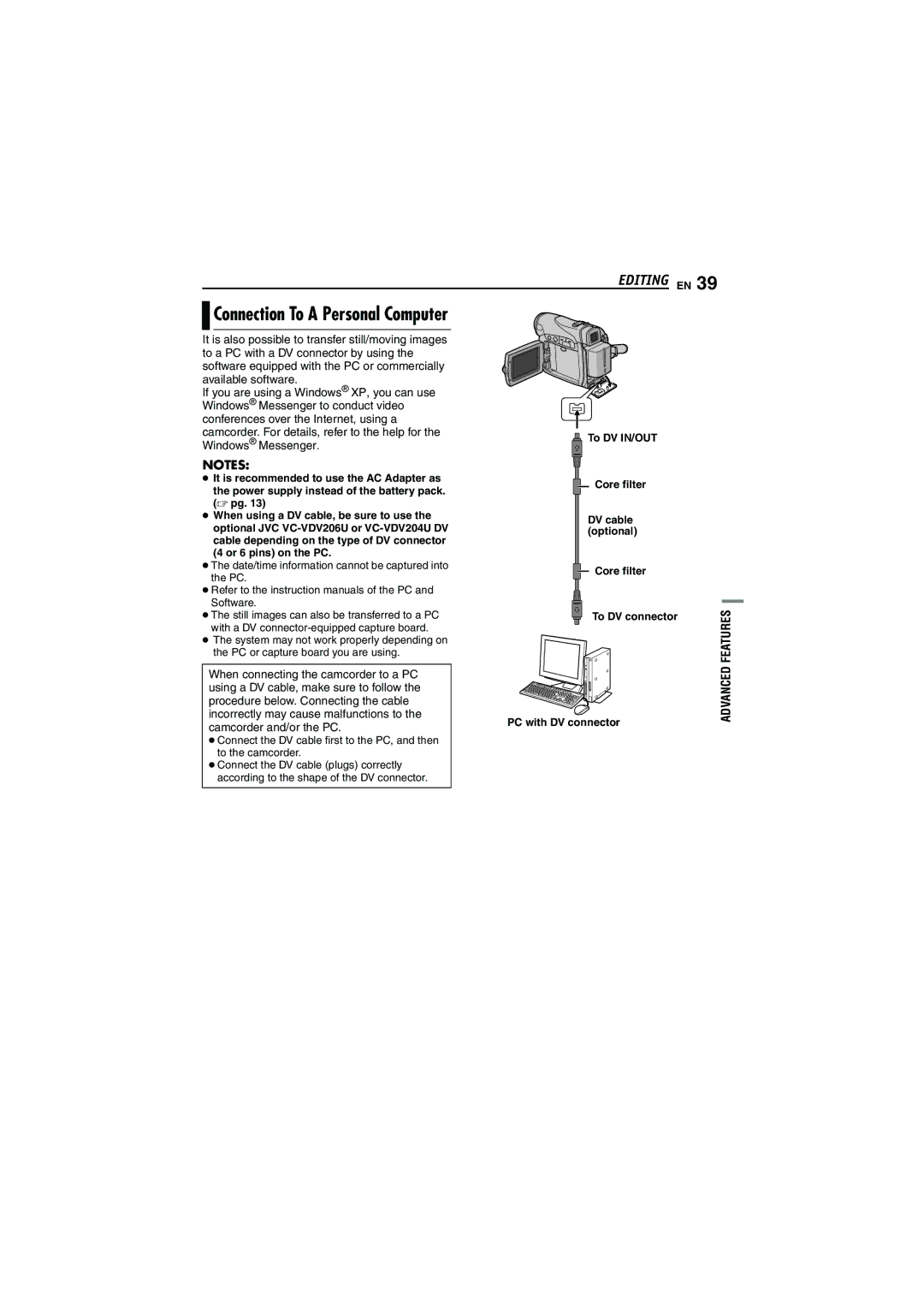 JVC GR-D252 manual Connection To a Personal Computer 