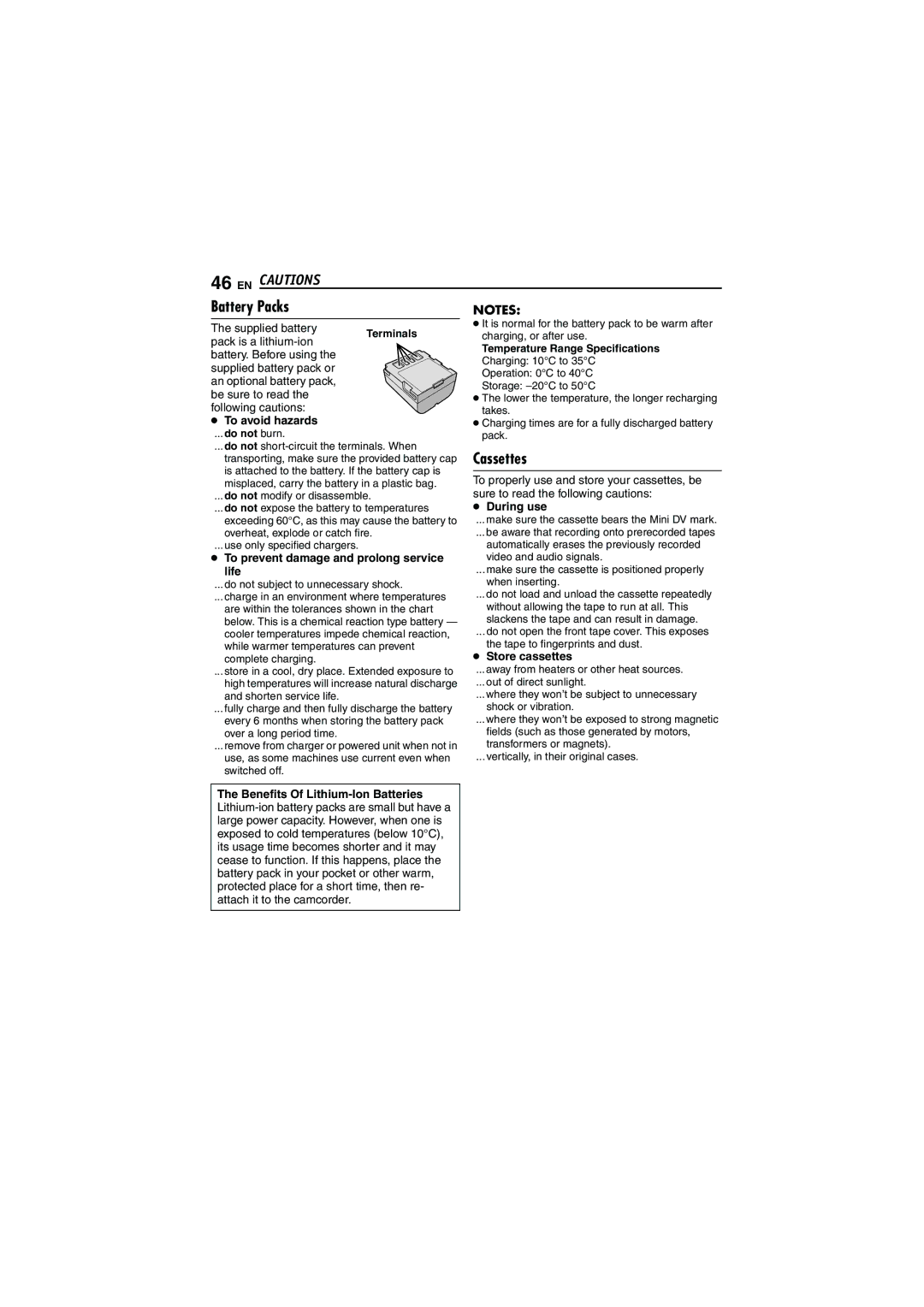 JVC GR-D252 manual EN Cautions, Cassettes 